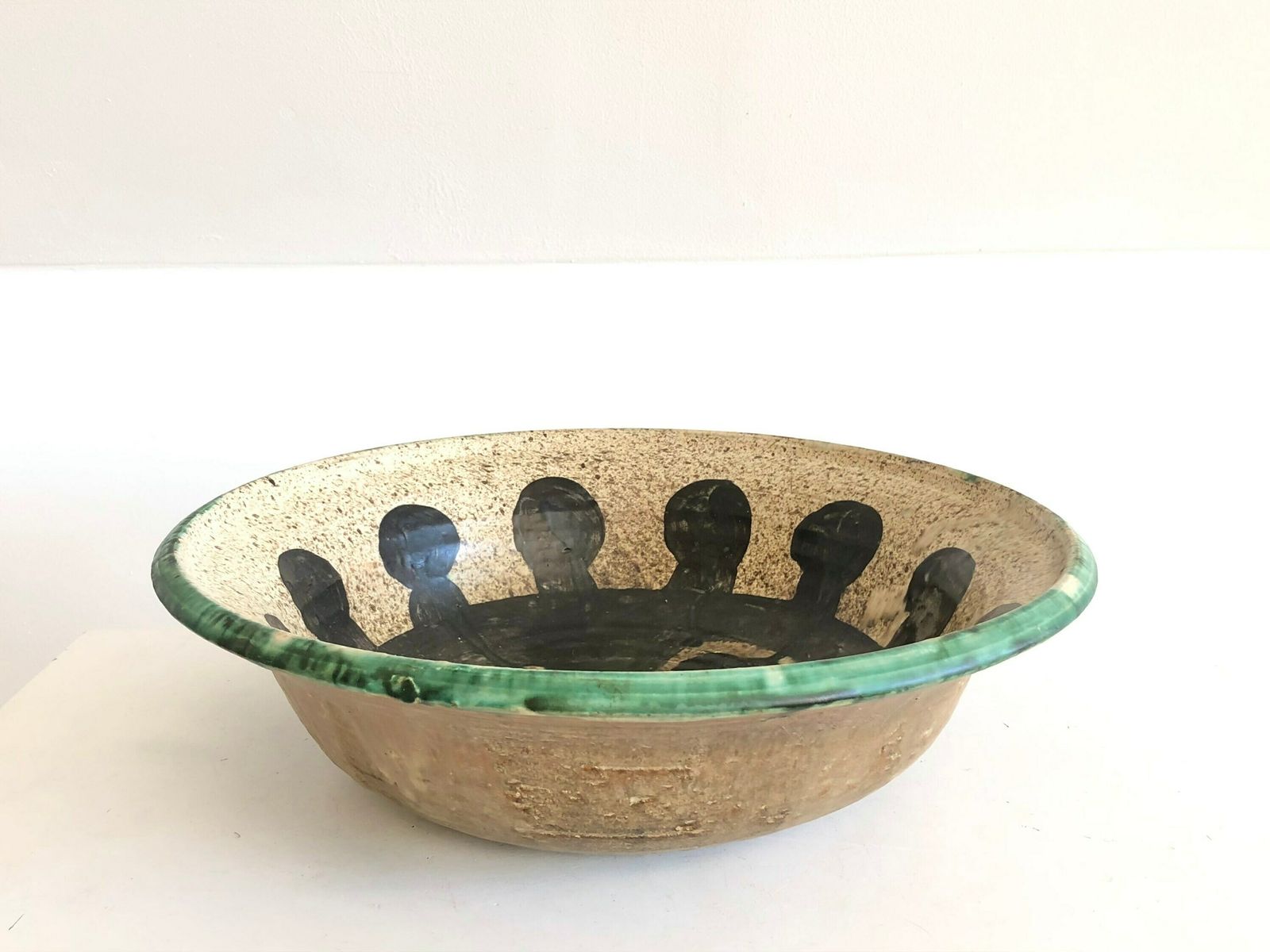 Danish Mid Century Large Fine Art Ceramic Bowl In Beautiful Glaze With Green Edge And Black Decoration   Made By Peter Lange, Lange Keramik photo furniture