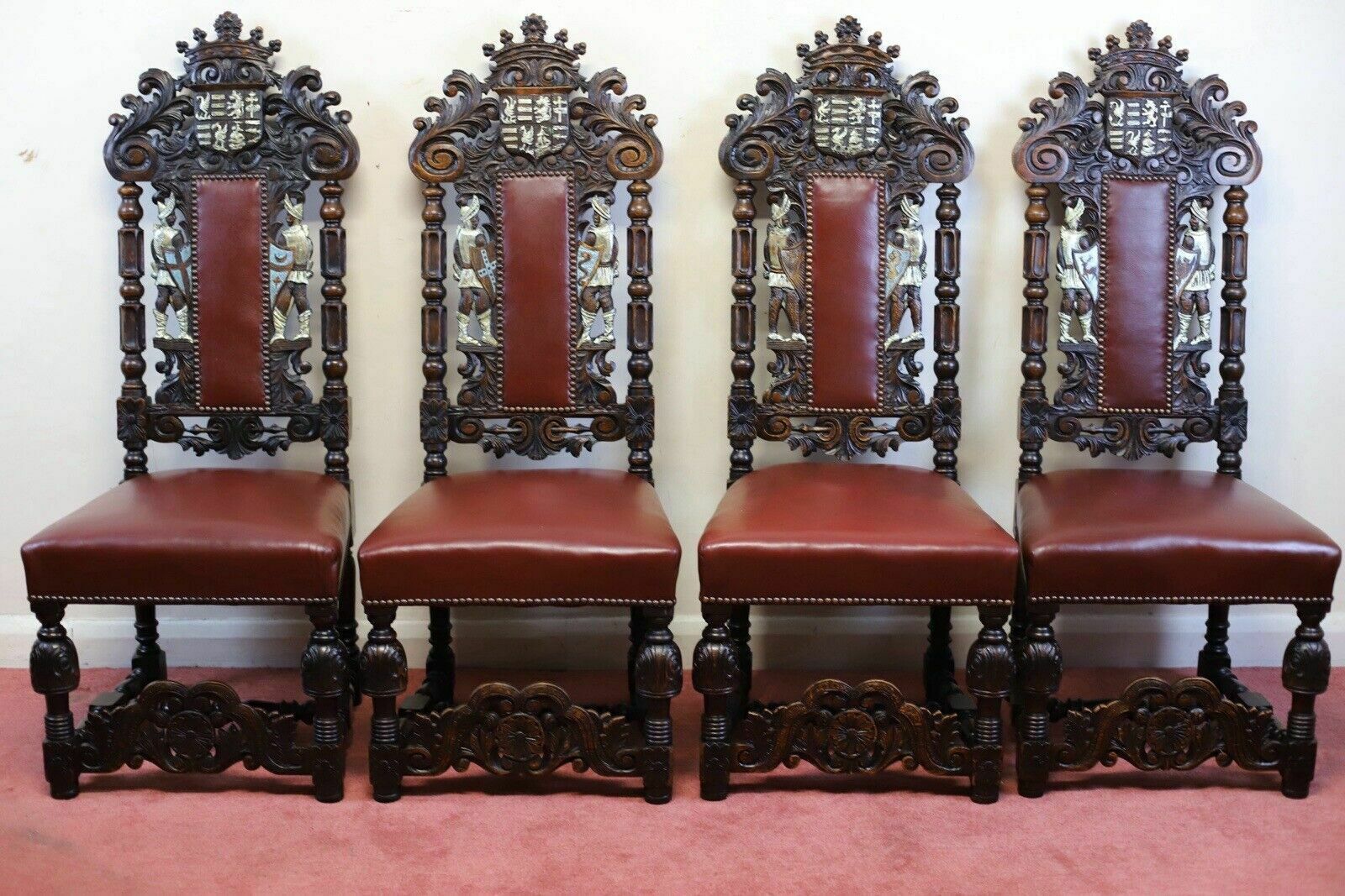 Stunning Set Of Four Victorian Heavily Carved Oak Dining Chairs photo furniture