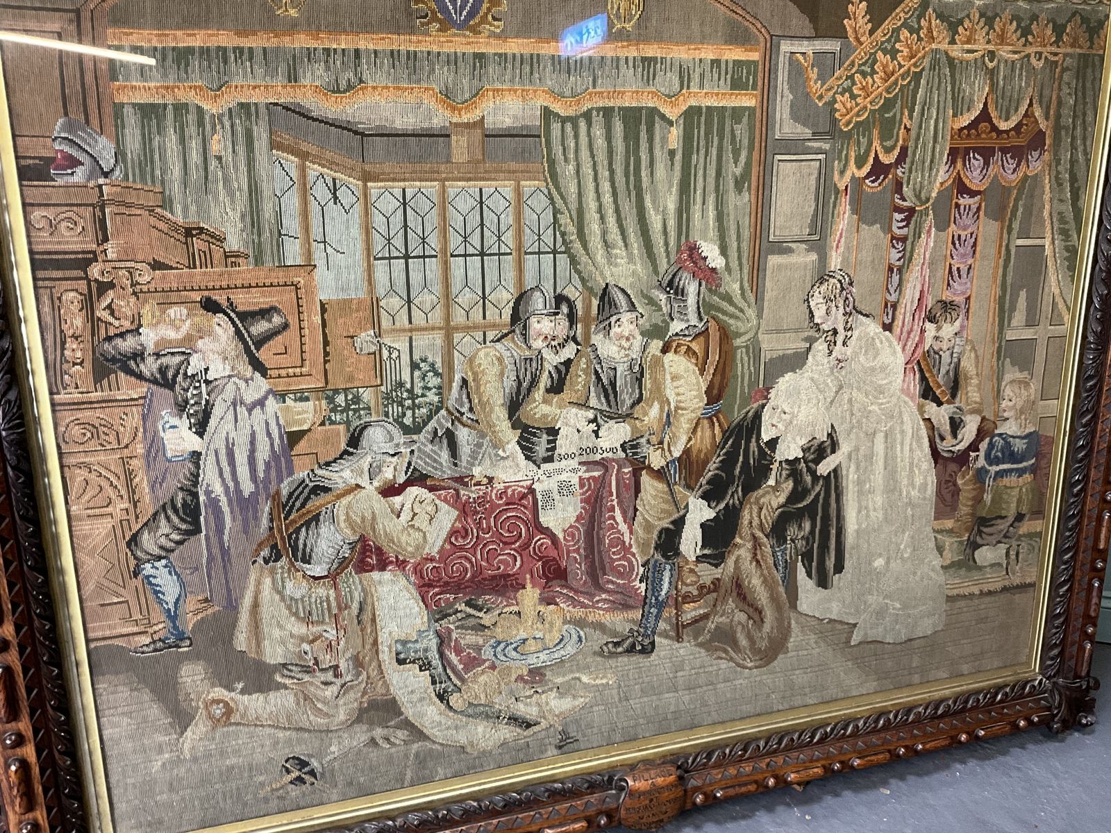Huge Victorian Tapestry In Ornately Carved Oak Frame. Civil War Interest photo vintage