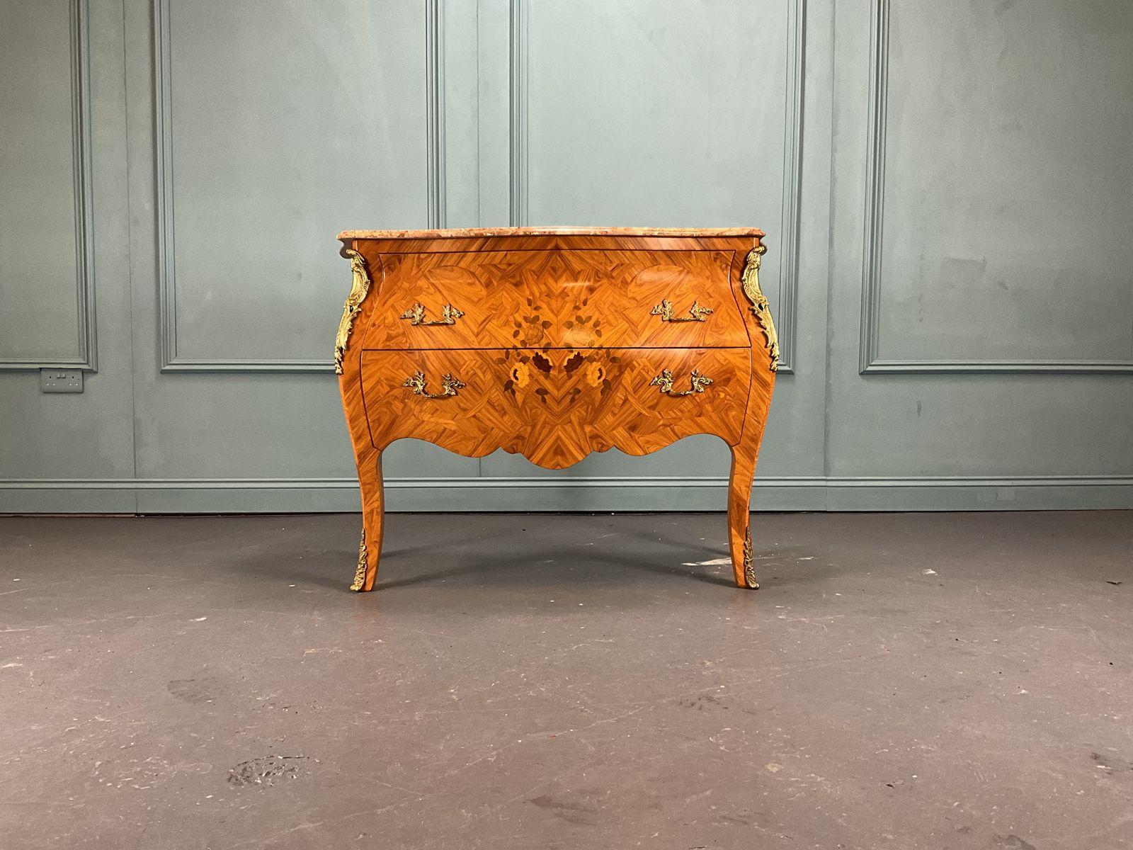 Marble Topped Inlaid Bombe Chest Of Drawers photo buy