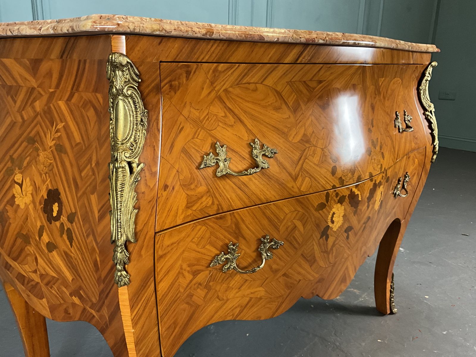 Marble Topped Inlaid Bombe Chest Of Drawers photo vintage