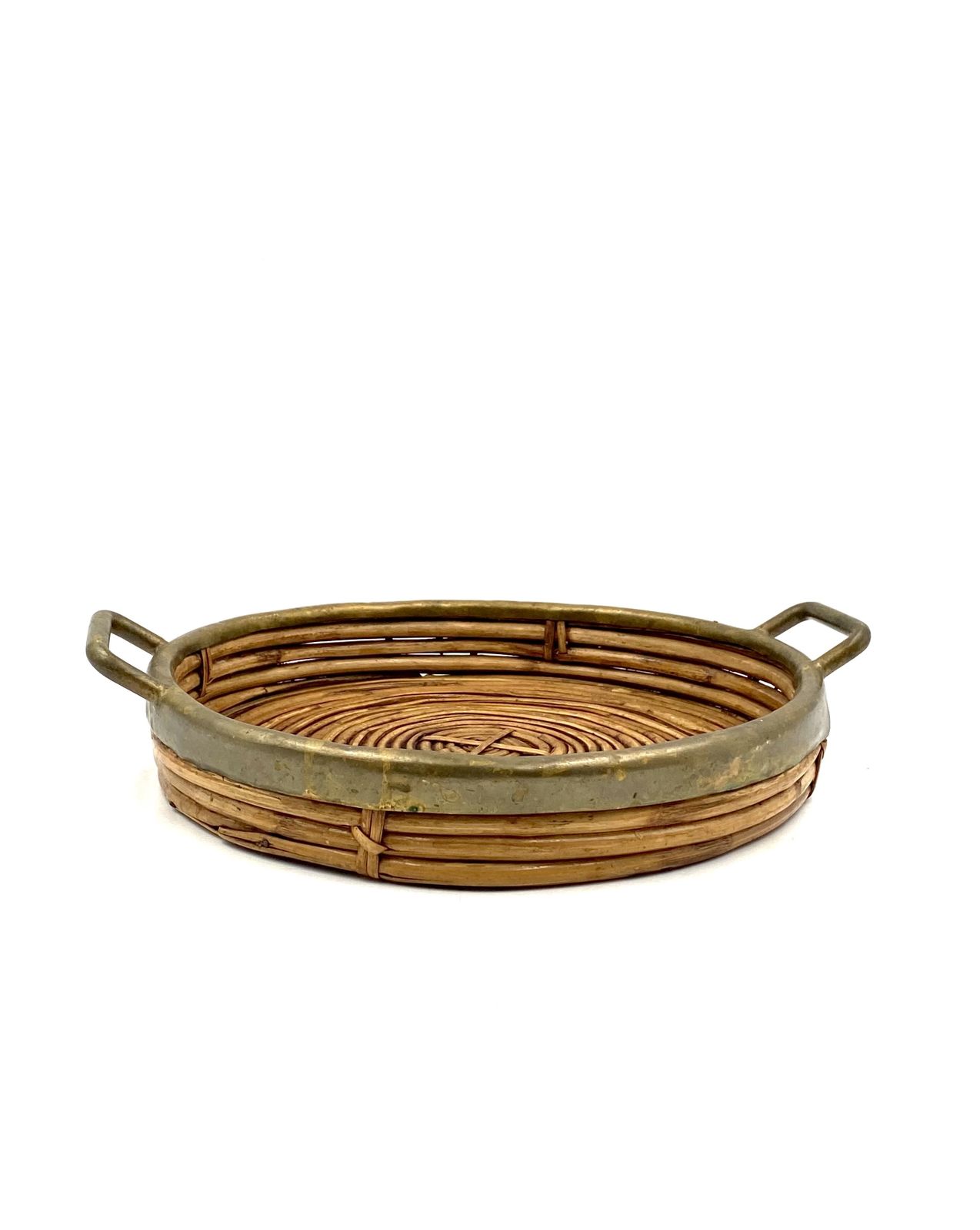 Hollywood Regency Brass And Wicker Vide Poche, Italy Ca. 1970 photo for sale