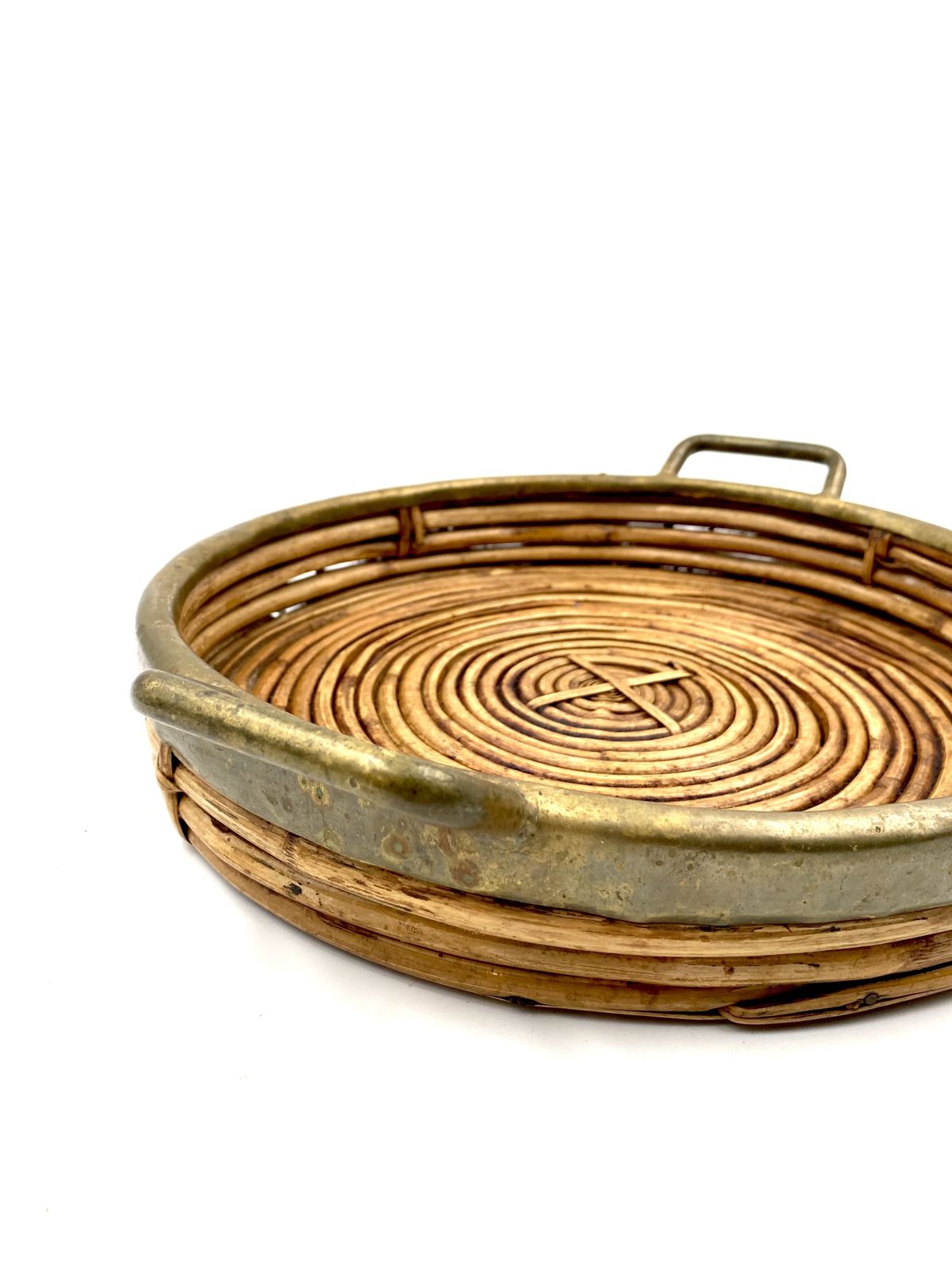 Hollywood Regency Brass And Wicker Vide Poche, Italy Ca. 1970 photo vintage