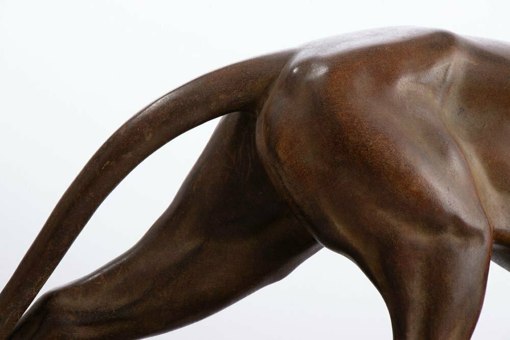 Art Deco Patinated Bronze Muscular Panther On A Stepped Marble Base With Brass Trims C.1930 photo buy