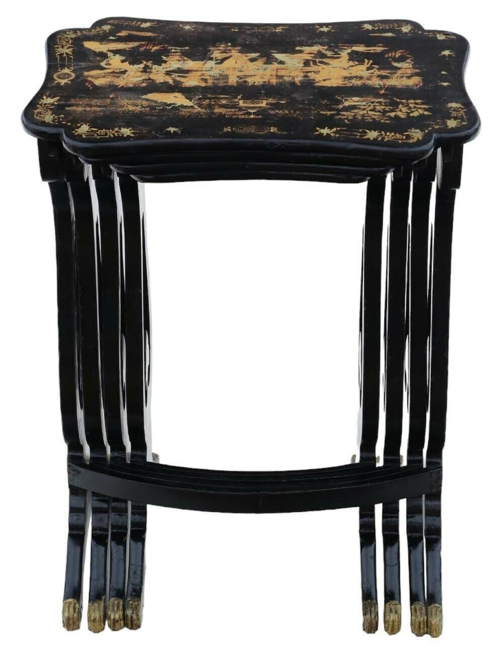 Antique Fine Quality Chinoiserie Boulle Work Black Lacquer Nest Of 4 19th Century Tables photo vintage
