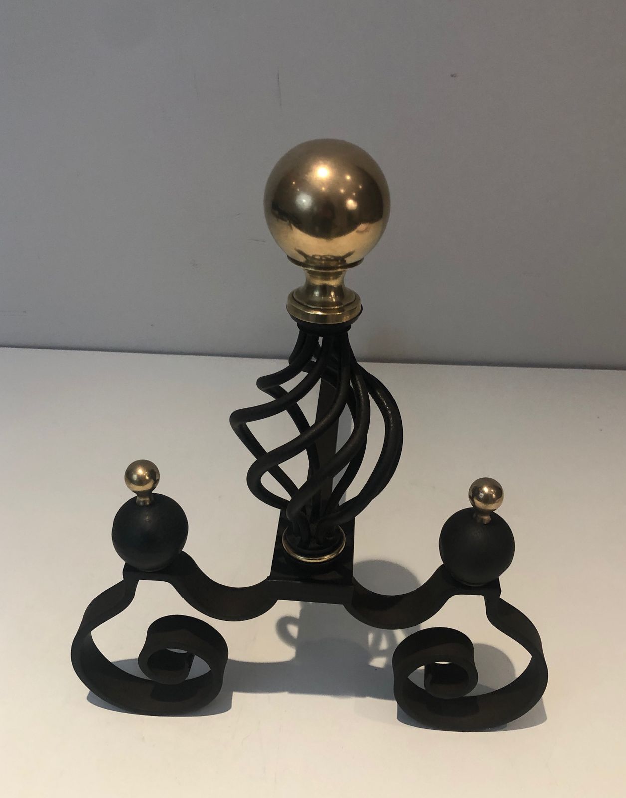 photo furniture Pair Of Wrought Iron Andirons Topped With A Brass Ball