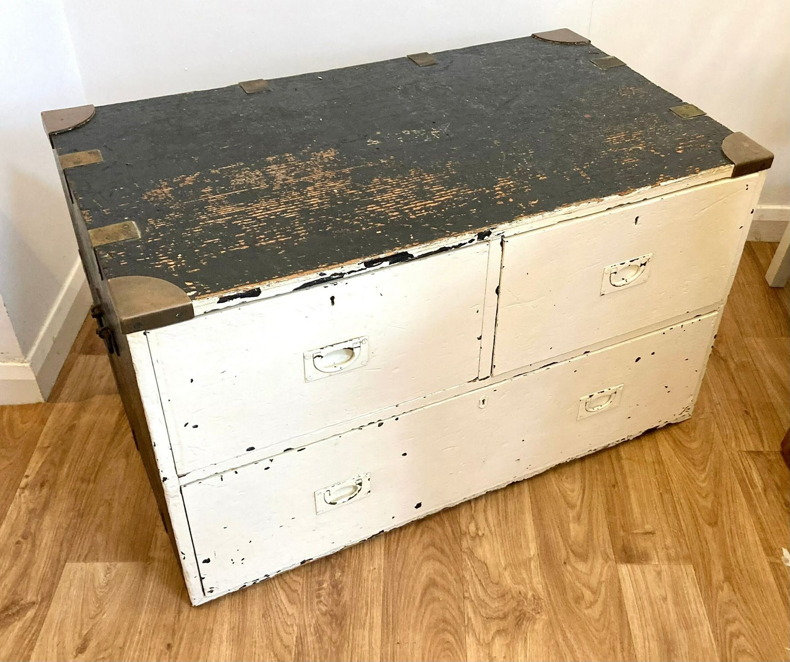 Victorian Campaign Large Wooden Chest Trunk Storage Industrial Metal Coffee Table Box Antique Kitchen Retro Vintage Cabinet Military