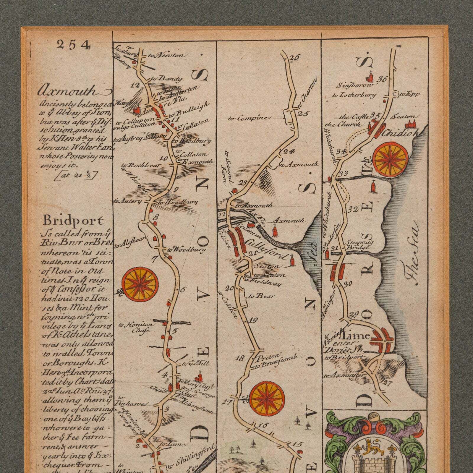 Antique Coach Road Map, East Devon, English, Framed, Cartography, Georgian, 1720 photo Art