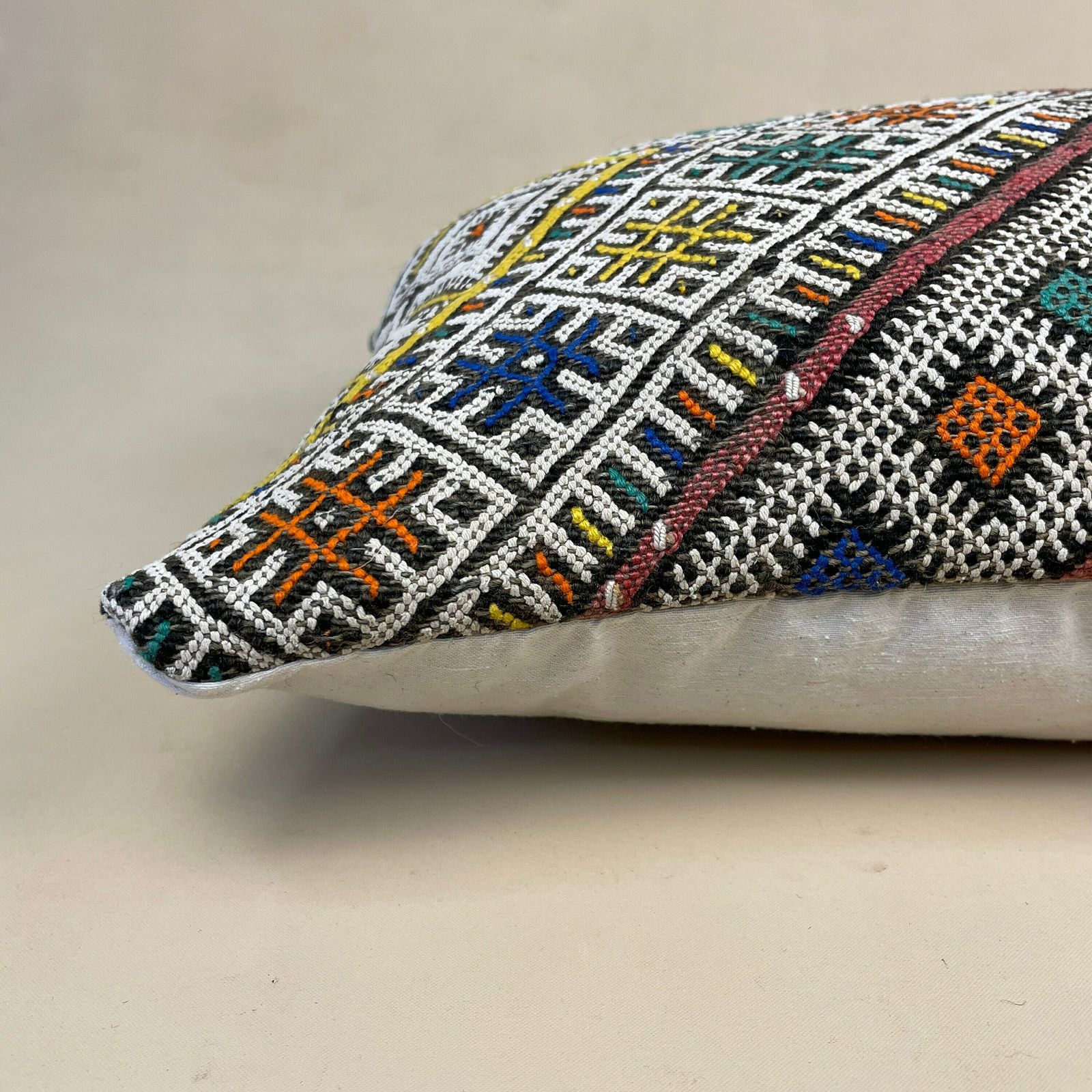 Antique Kilim Cushion Moroccan Bolster Pillow Feather Filled Handwoven Red White photo for sale