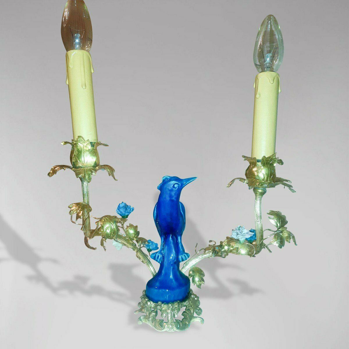 Candle Holder Mounted As A Lamp, In Gilt Bronze, Porcelain Bird, Saxony Porcelain Flowers photo furniture