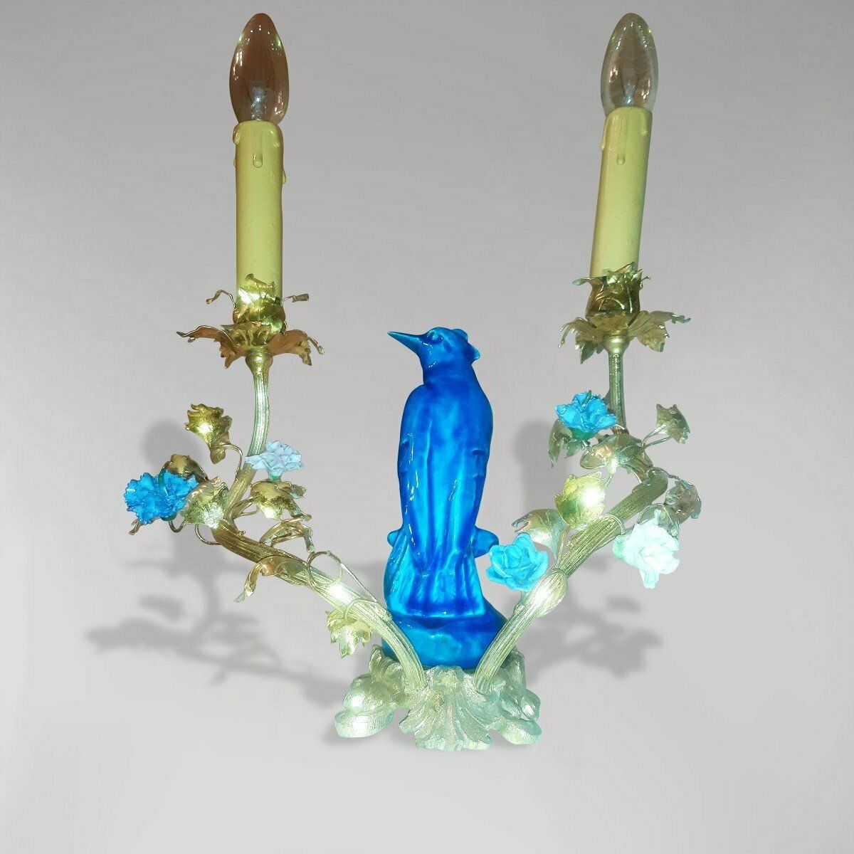 Candle Holder Mounted As A Lamp, In Gilt Bronze, Porcelain Bird, Saxony Porcelain Flowers photo for sale