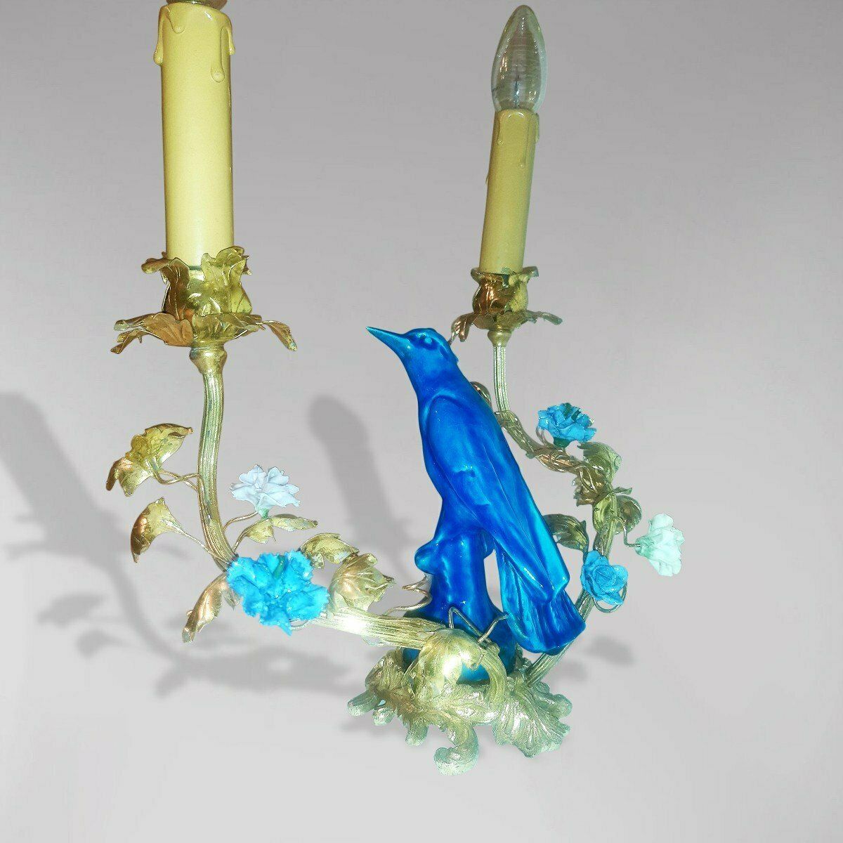 Candle Holder Mounted As A Lamp, In Gilt Bronze, Porcelain Bird, Saxony Porcelain Flowers photo Home Decor