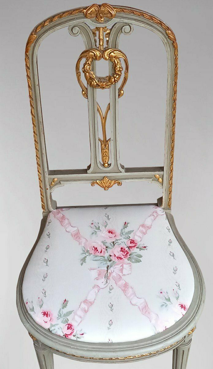 Pair Of Louis XVI Style Grey Lacquered Wooden Chairs With Fabric Flowers Jean Monro photo for sale