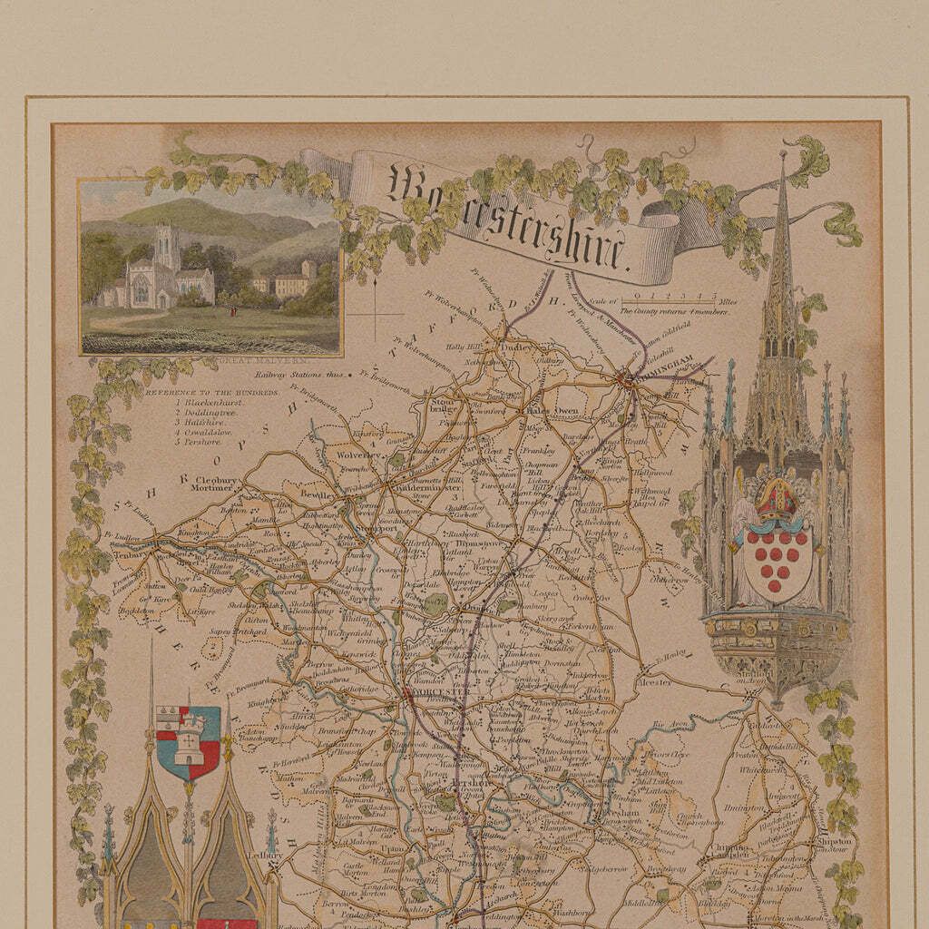 Antique Lithography Map, Worcestershire, English, Framed Engraving, Cartography photo Art