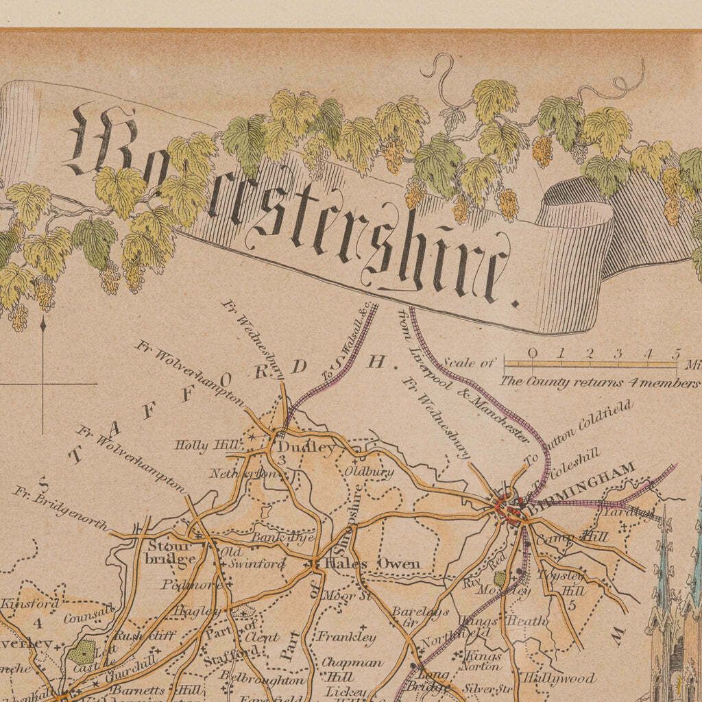 Antique Lithography Map, Worcestershire, English, Framed Engraving, Cartography photo buy