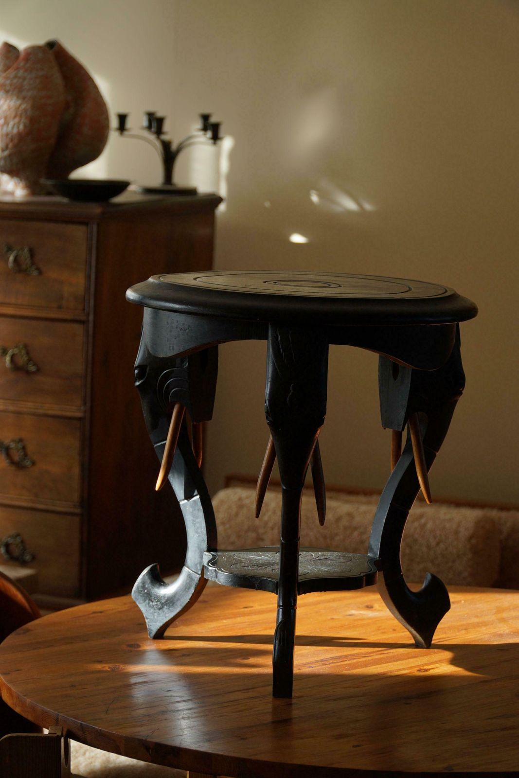 Furniture Ebonized Hardwood Side Table With 3 Elephant Head Legs, East Indian, 1920s photo