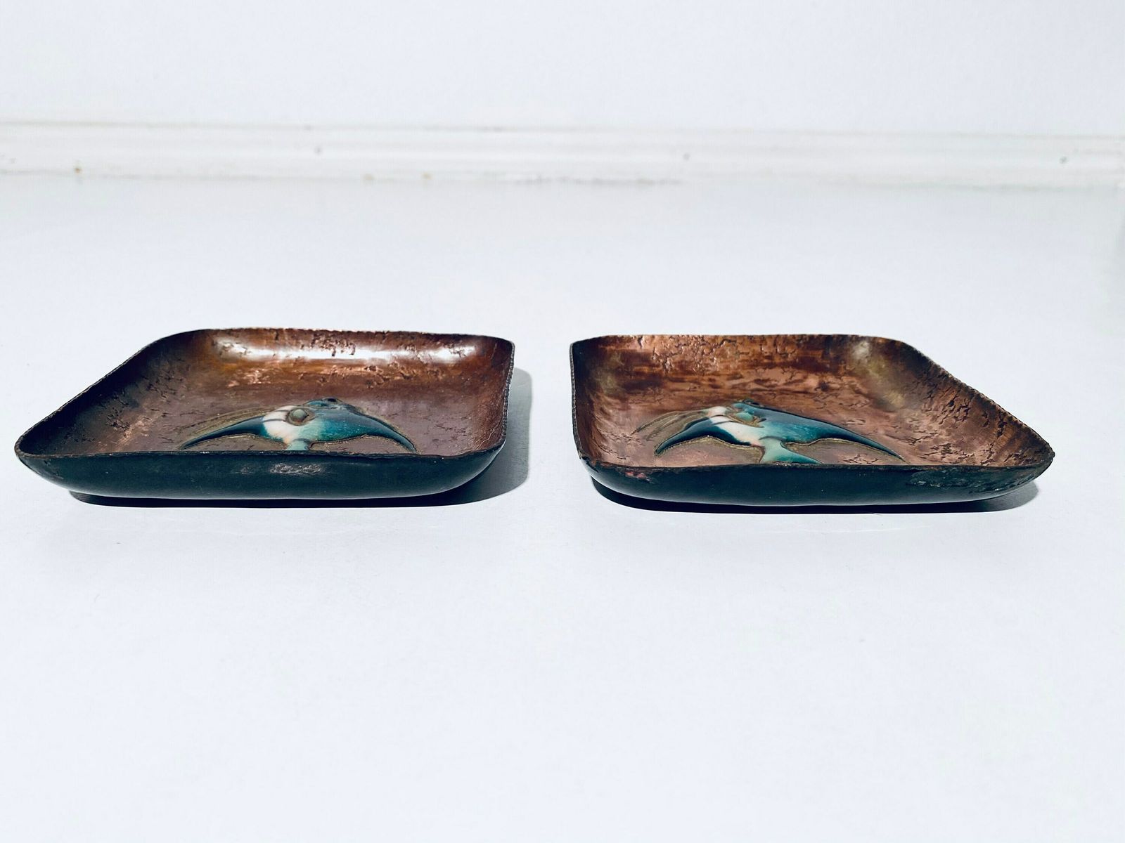 Two Mid Century Fish Motif Enamel Copper Bowls Plates / Vintage Decor 60s 70s photo vintage