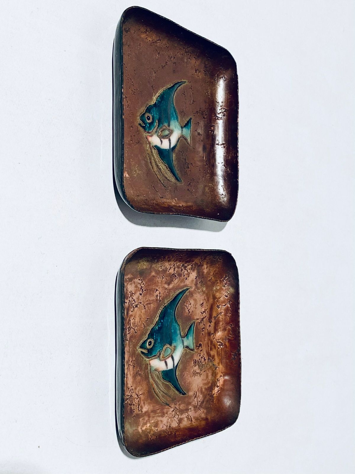 photo furniture Two Mid Century Fish Motif Enamel Copper Bowls Plates / Vintage Decor 60s 70s
