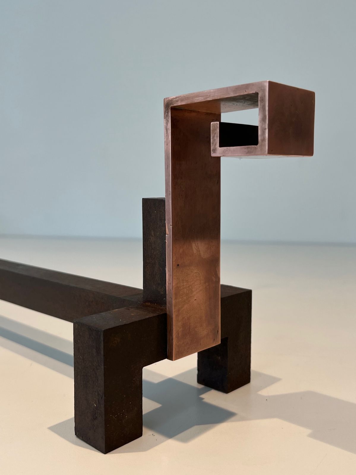 Pair Of Modernist Chenets In Copper And Forged Iron