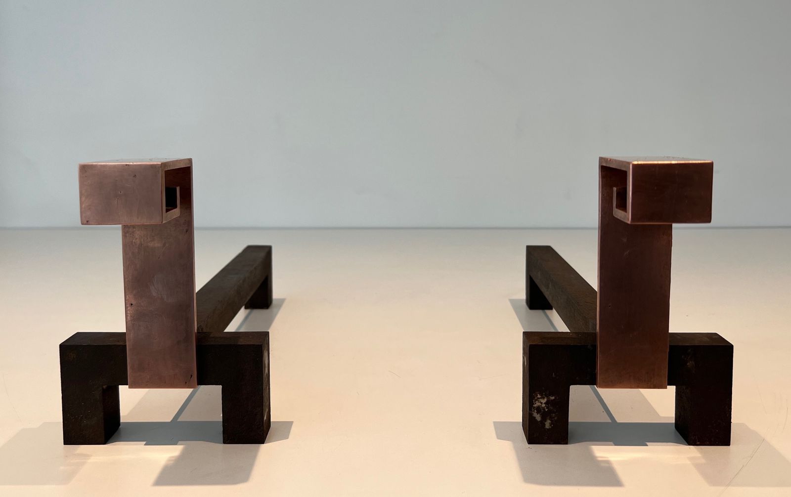 photo for sale Pair Of Modernist Chenets In Copper And Forged Iron