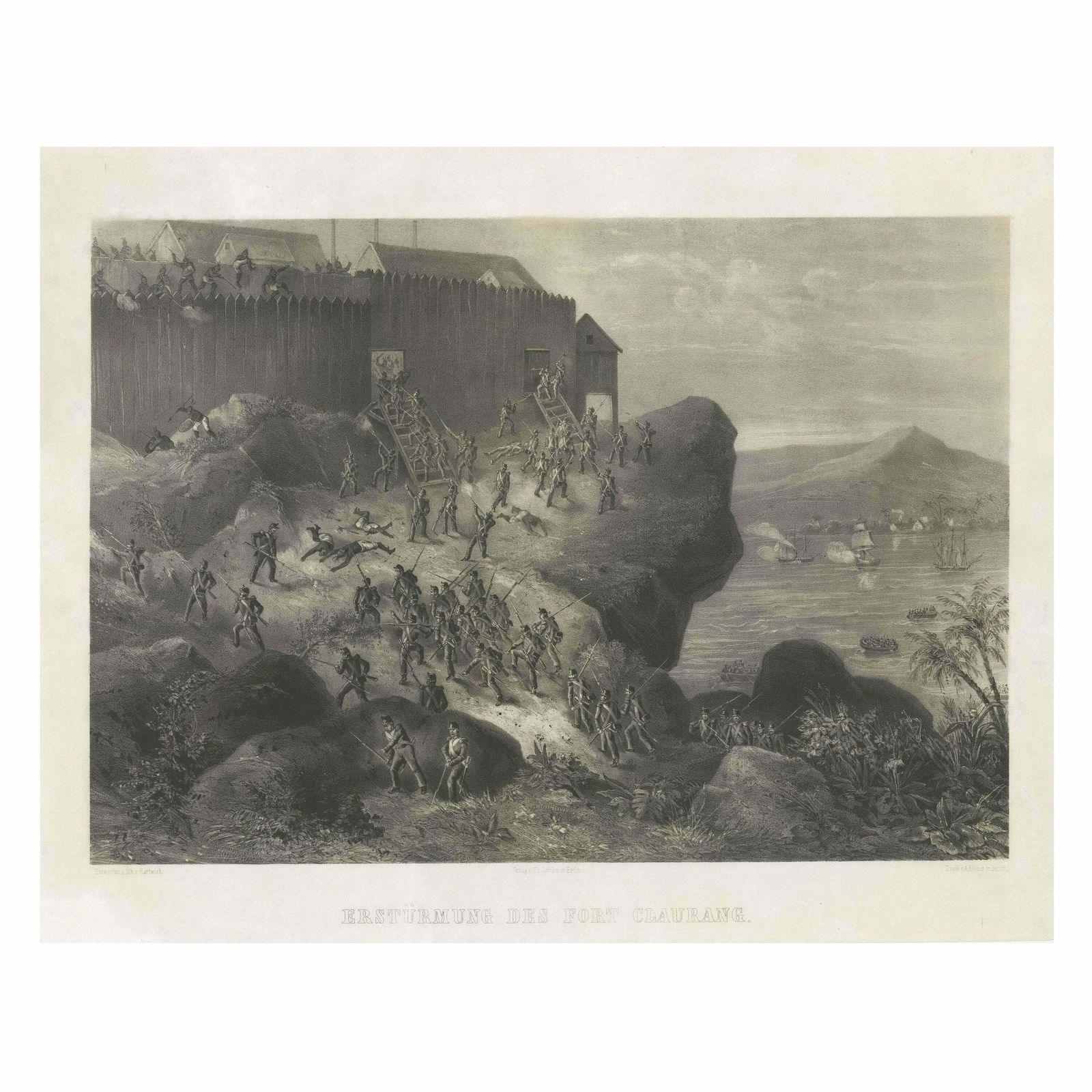Rare Old Lithograph Of The Assault Of A Fort In Borneo, Indonesia, Ca.1850