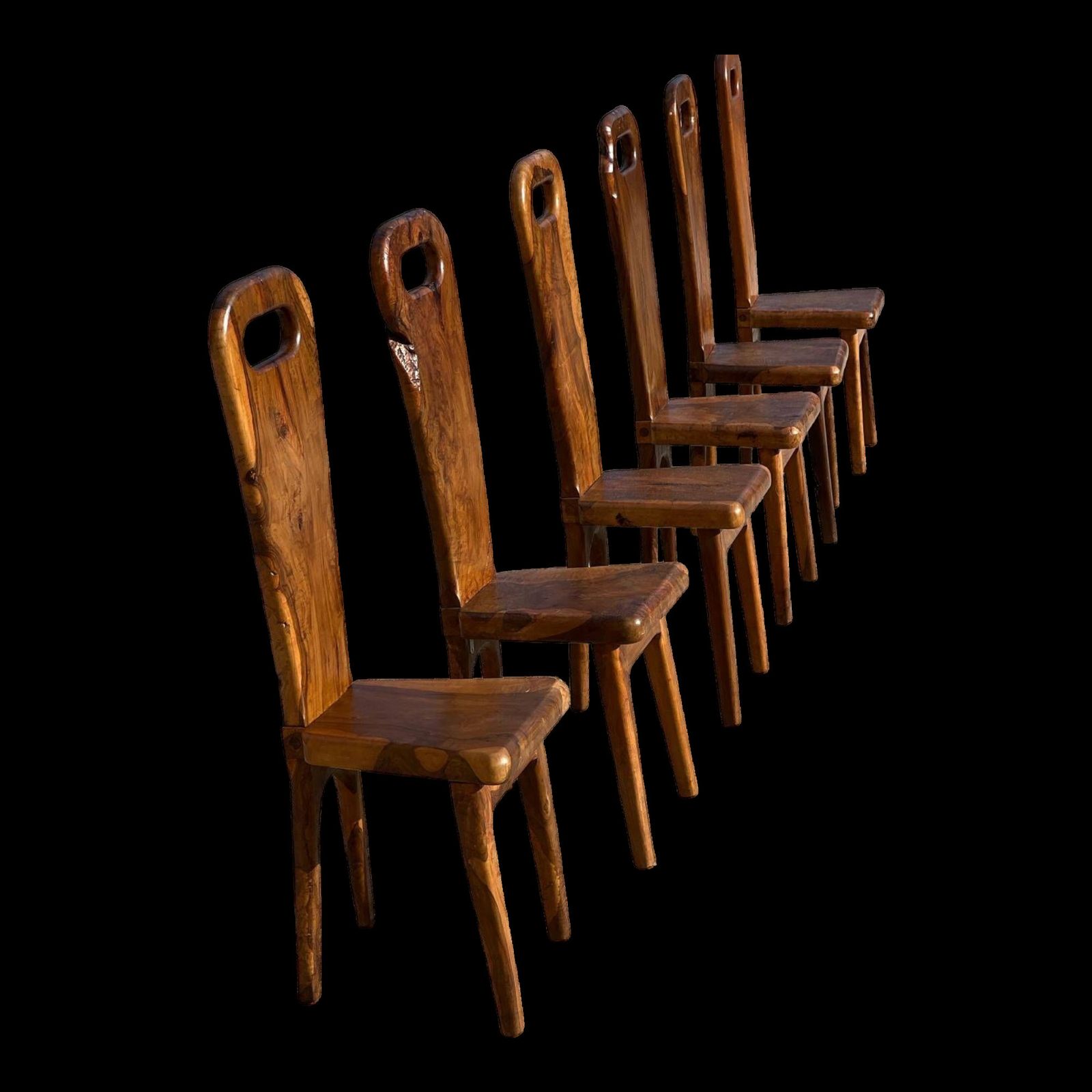 Sculptural High Back Chairs In Solid Olive Wood, France, 1960s, Set Of 6 photo furniture
