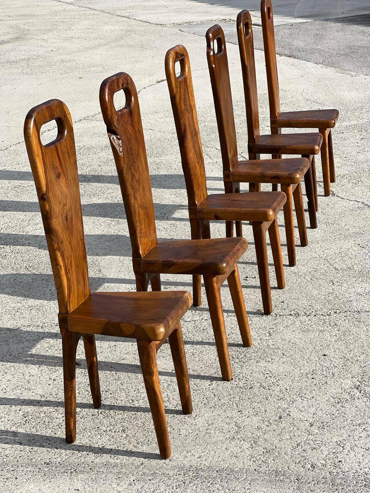 photo furniture Sculptural High Back Chairs In Solid Olive Wood, France, 1960s, Set Of 6