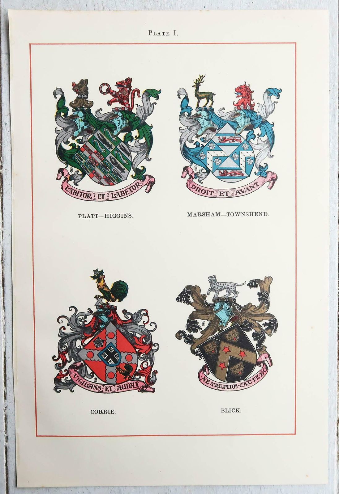 Set Of 12 Antique Prints Of English Family Coats Of Arms. C.1900 photo furniture