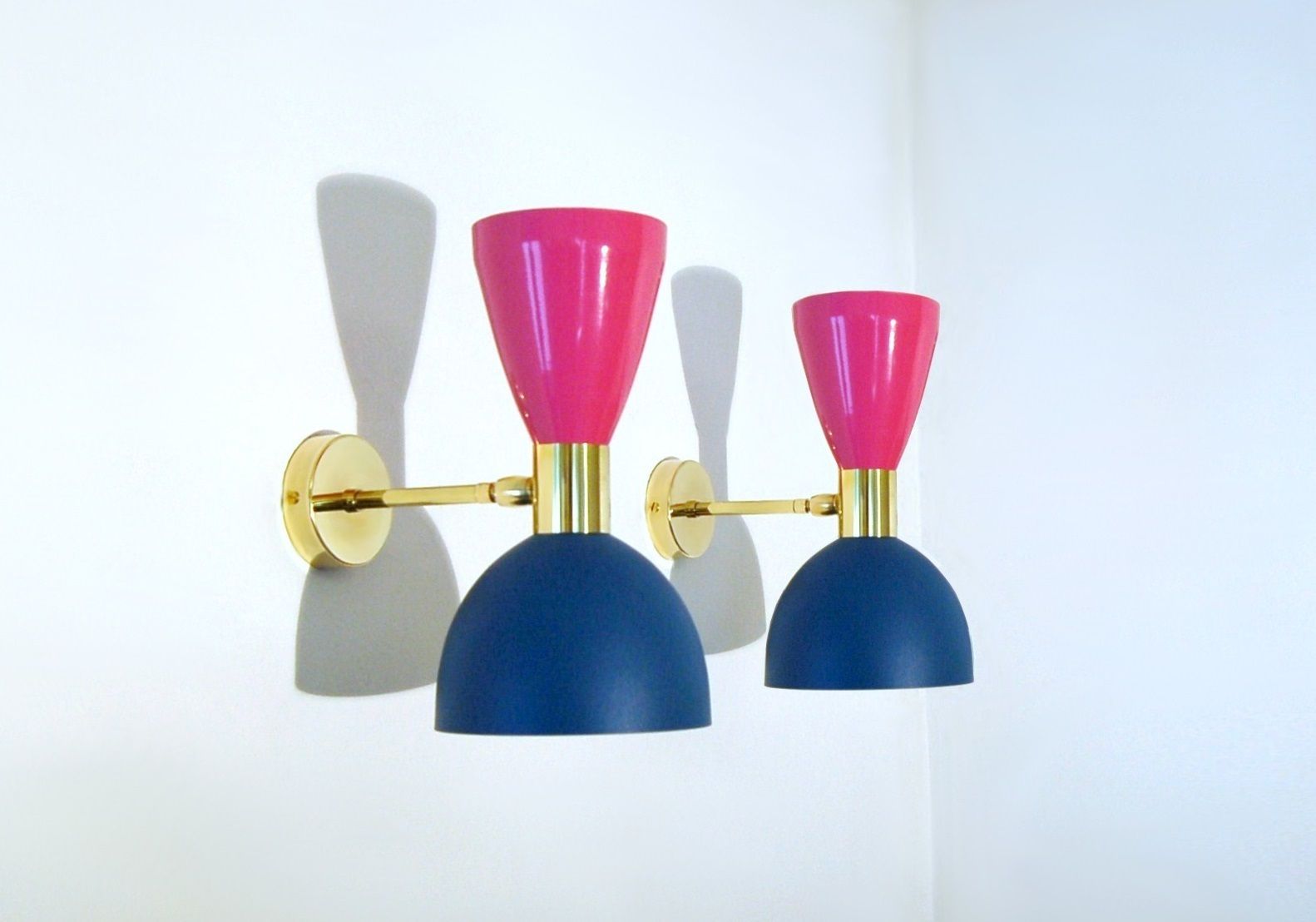 Pair Of Wall Lamp Metal And Brass, Pink / Blue Opaque   Style '50 photo furniture