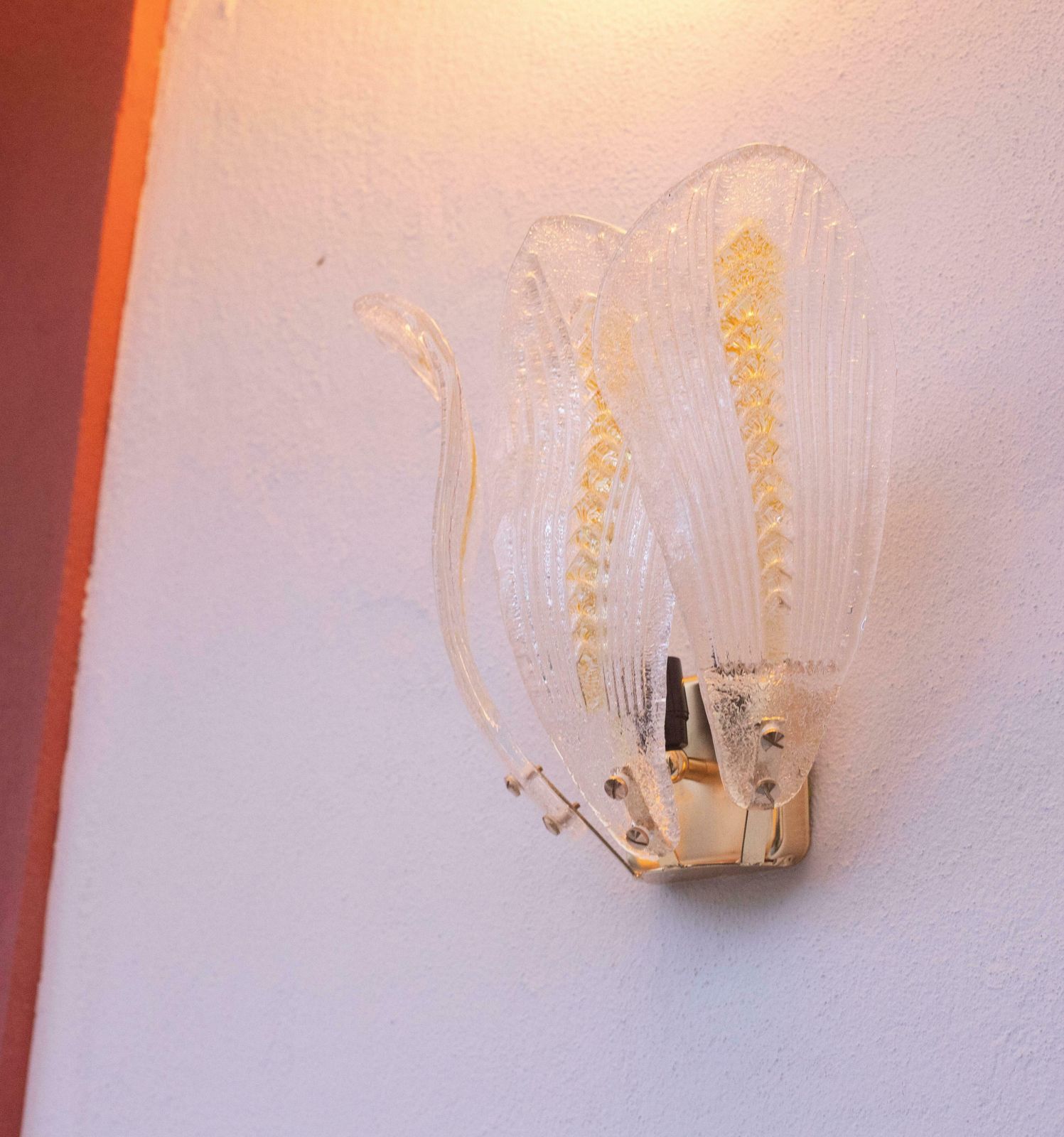 Lighting Set Of 3 Murano Wall Yellow Light Transparent Leaves, 1980s photo