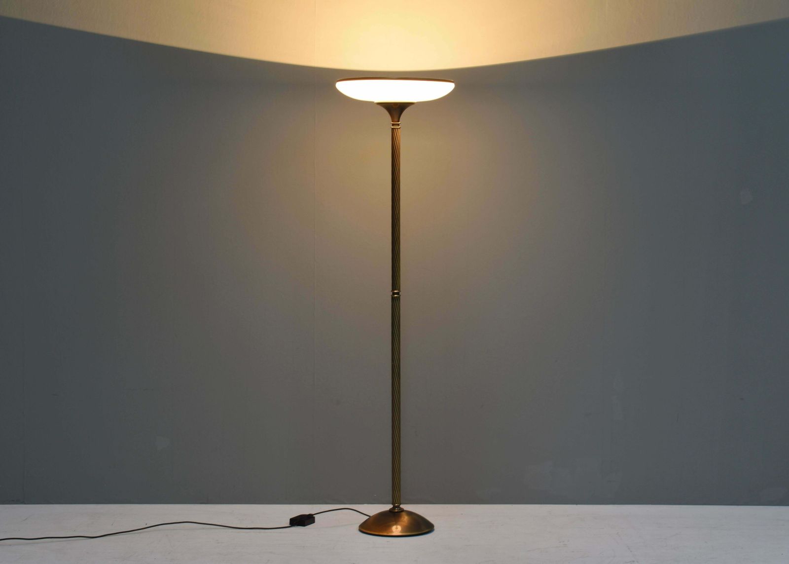Relco Milano Turned Brass And Opaline Glass Floor Lamp, Italy   Circa 1970 photo for sale