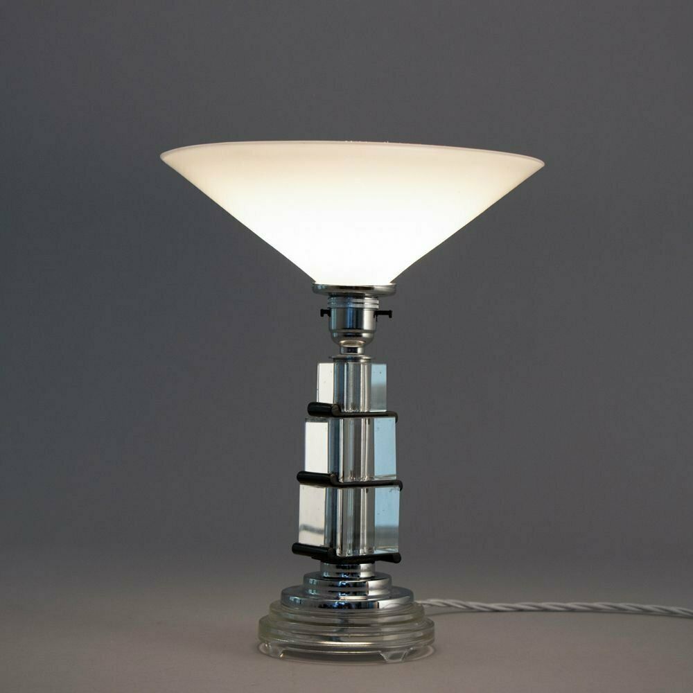 Art Deco Table Lamp On Stepped Glass Base With Original Opal Glass Coolie Shade photo furniture