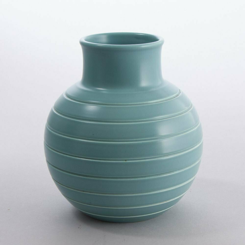 Art Deco Keith Murray For Wedgwood Matt Blue Glazed Ribbed Ovoid Vase C.1930