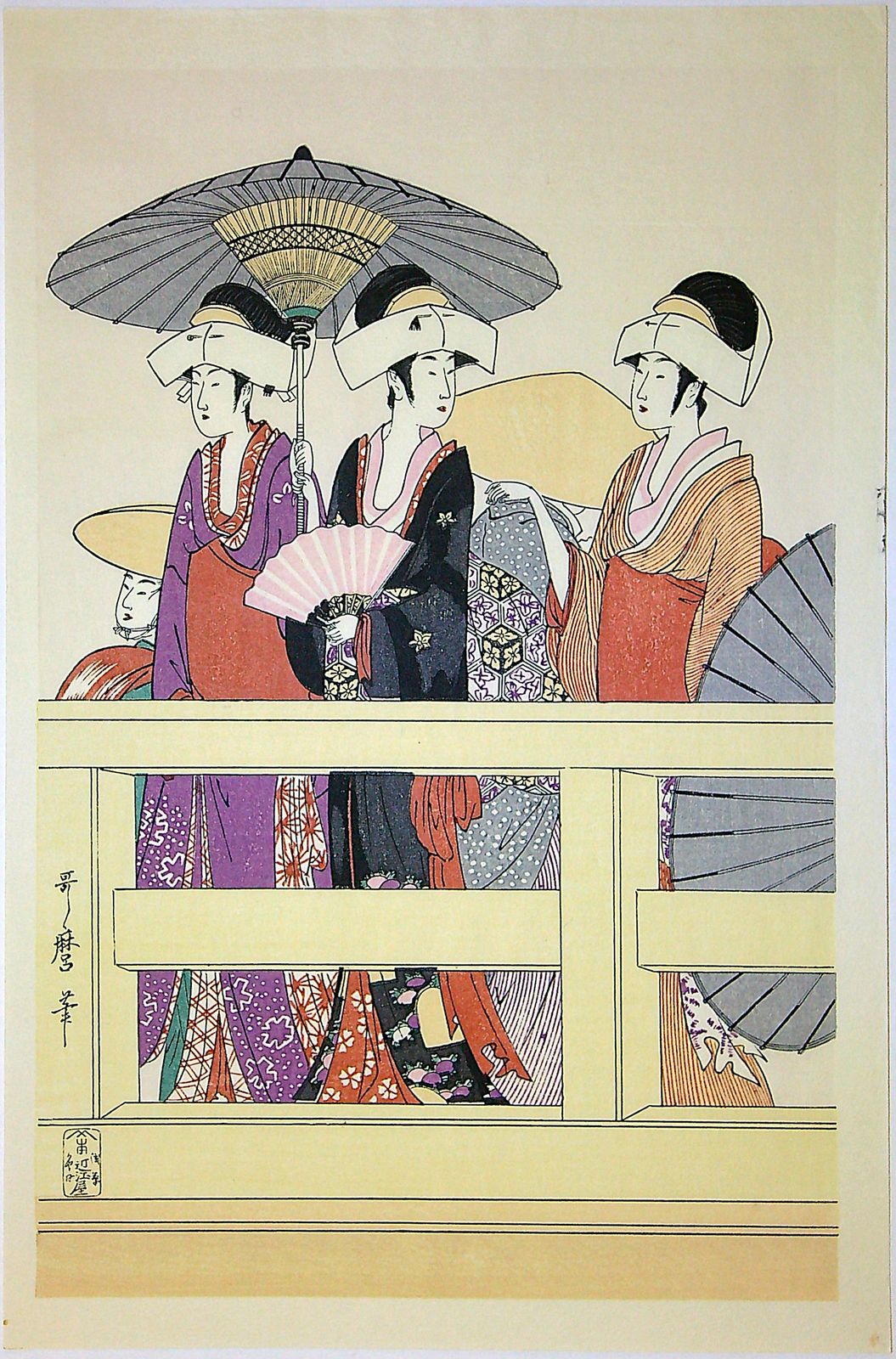 Kitagawa Utamaro, On Top Of And Beneath Ryōgoku Bridge, Reproduction Japanese Woodblock Print Hexaptych, C. 1795 (Originally), 1969 (This Print) photo furniture