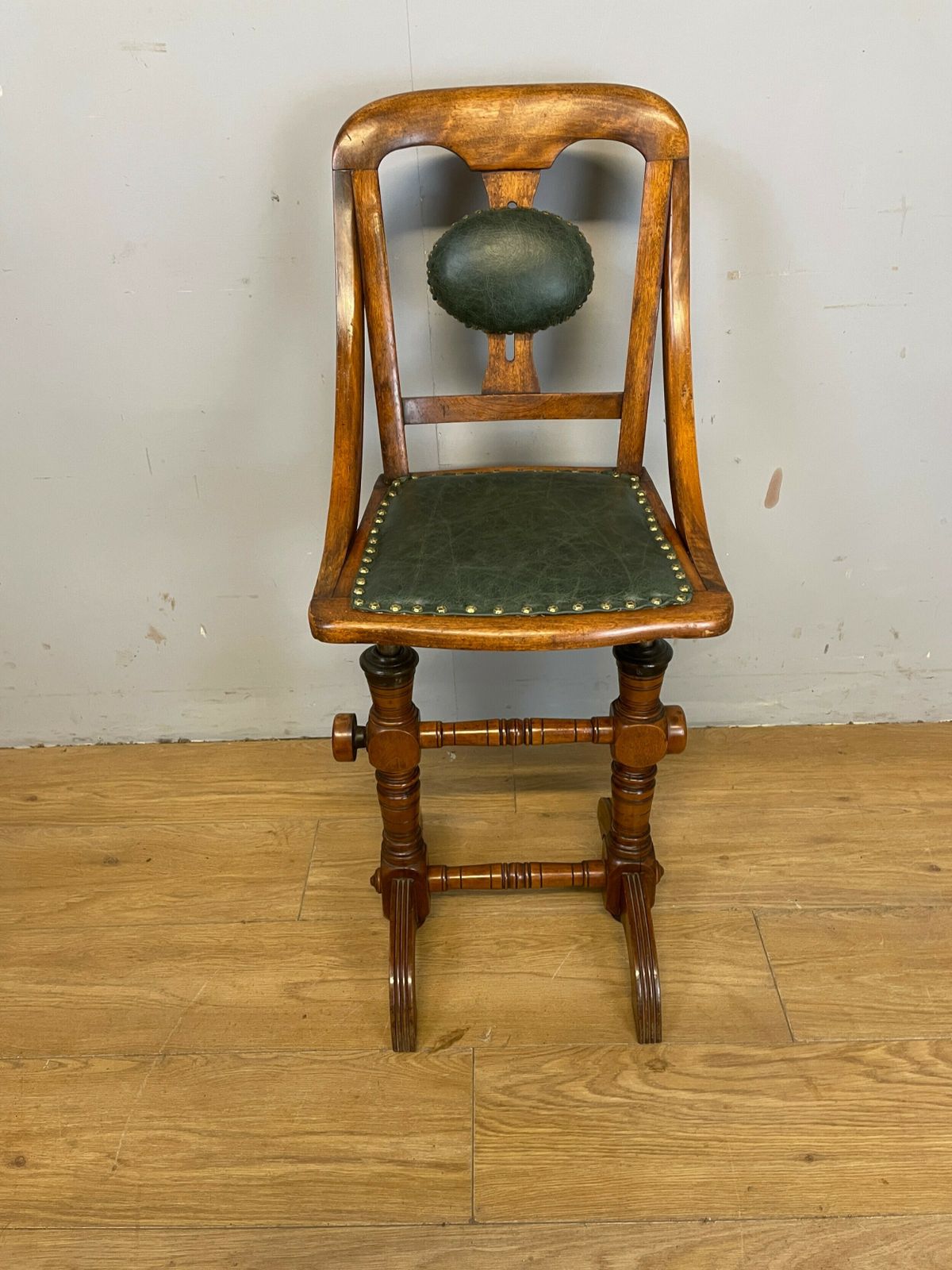 Late C19th Patent Music Chair In Green Leather photo for sale