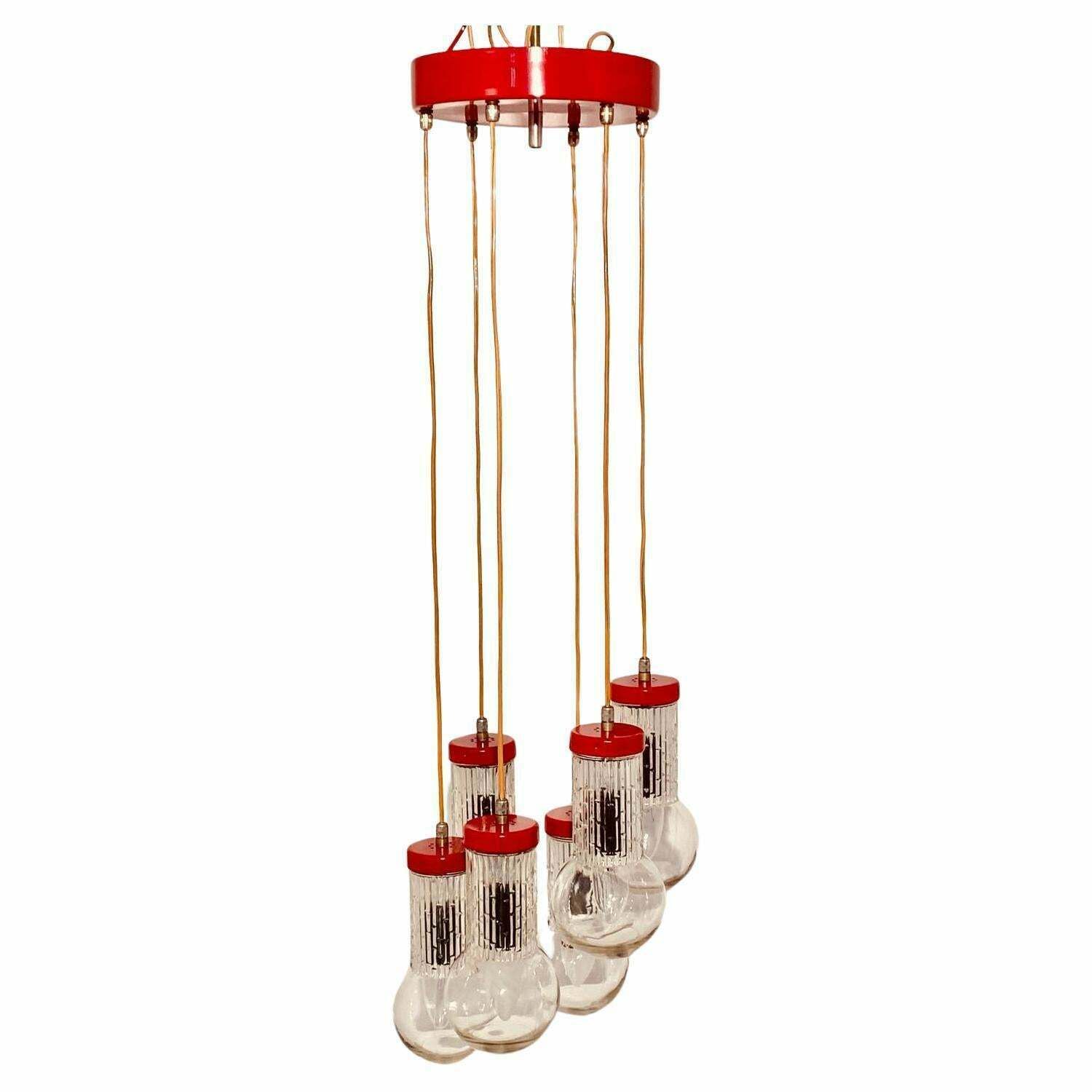 Vintage Cascade Red Chandelier In Stilnovo Style, Italy 1950s