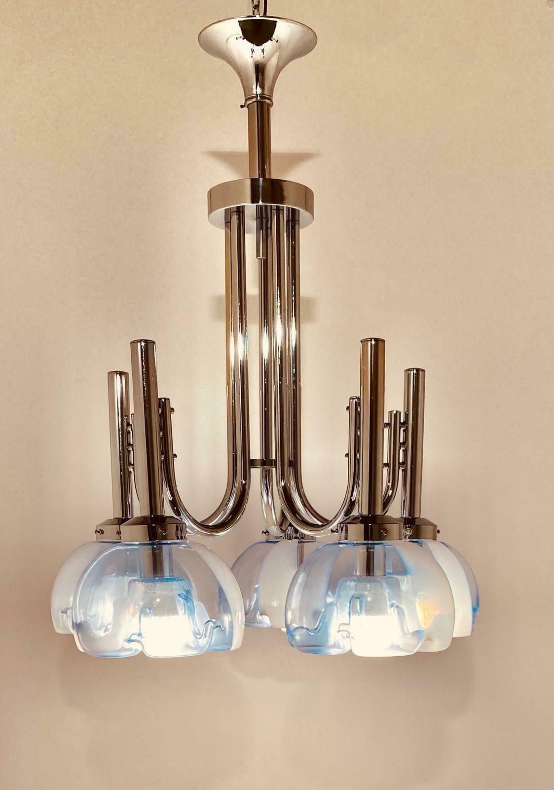 1960s Murano And Chromed Steel Chandelier, Mazzega Italy photo for sale