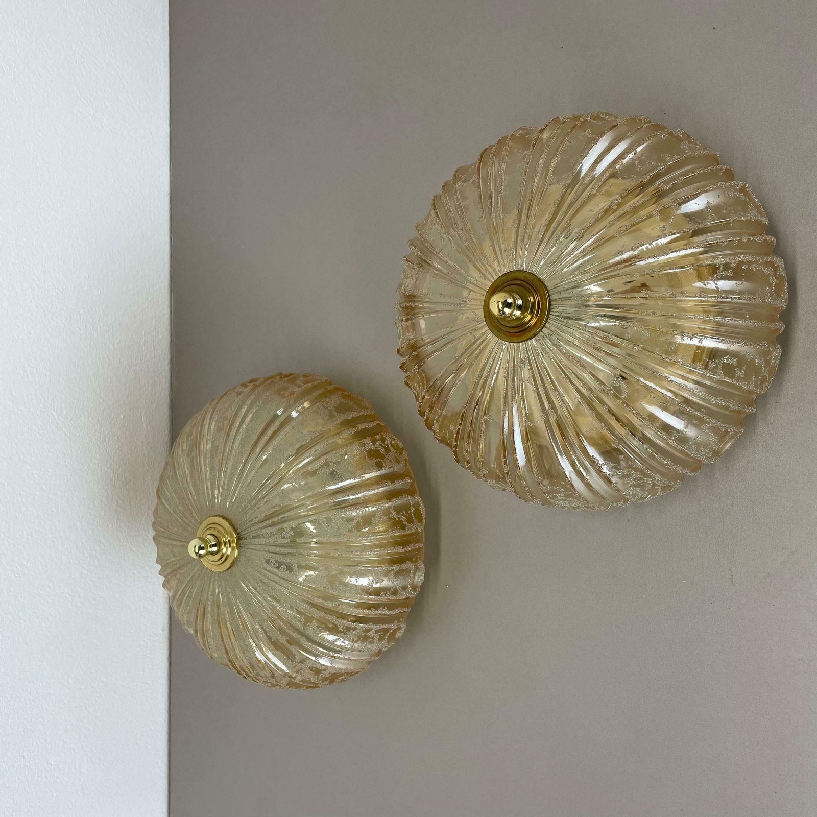 Set Of 2 Beautiful 27cm Textured Amber Glass Wall Ceiling Lights, Germany, 1970s photo for sale