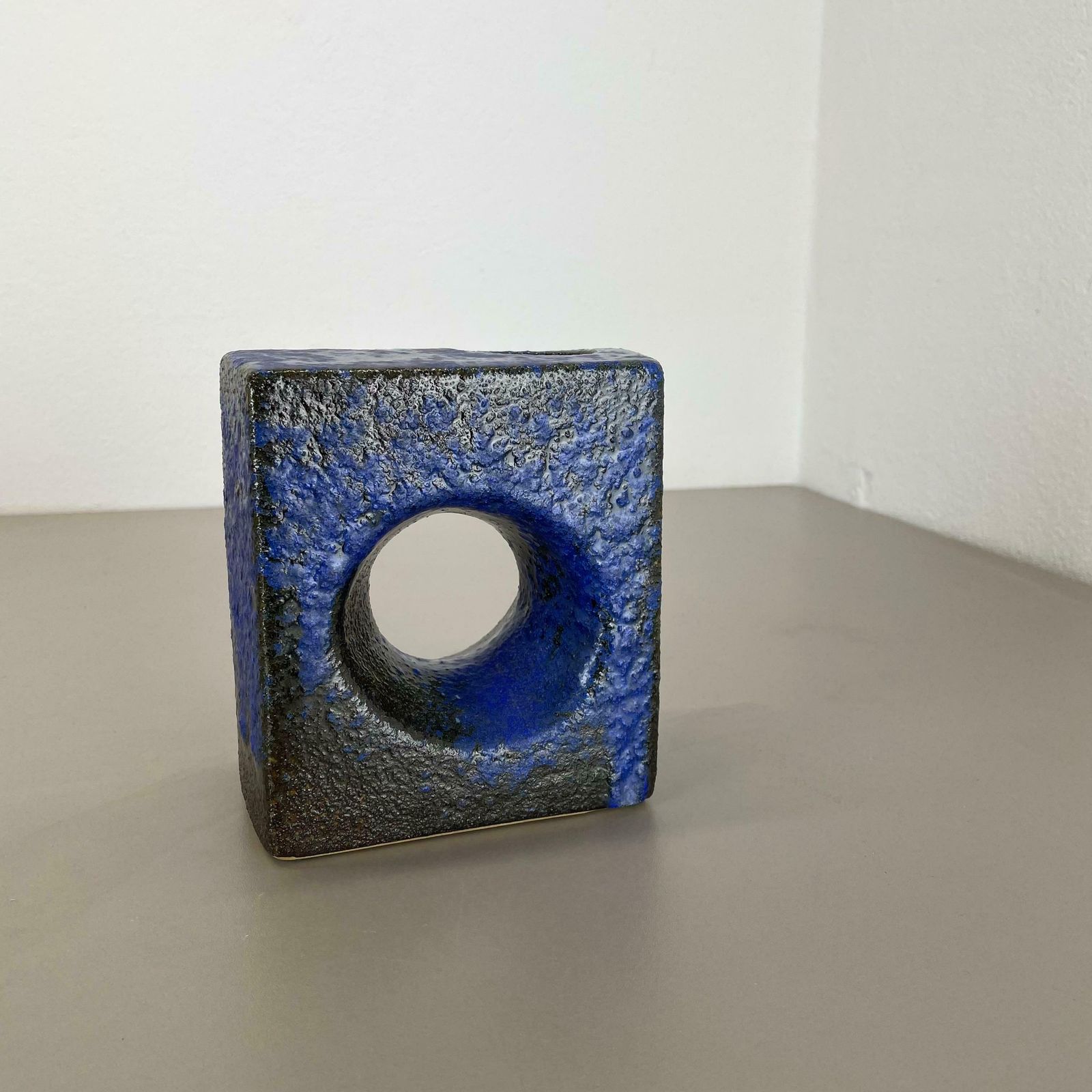 Brutalist Cubic "Hole" Pottery Vase By Piet Vest Ceramics, Netherlands, 1970s photo for sale