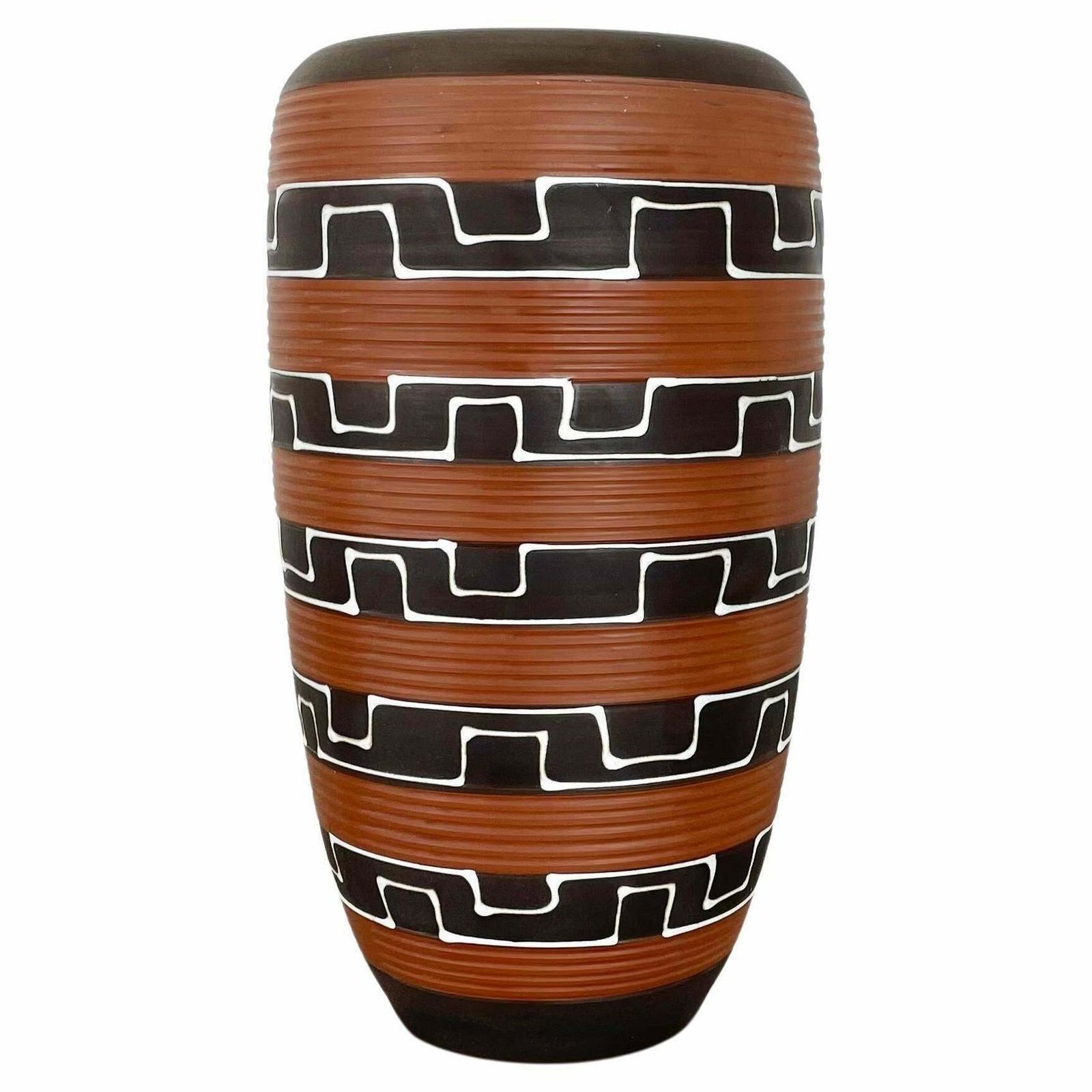 Rare 30cm Zig Zag Fat Lava Ceramic Vases By Ilkra Ceramics, Germany 1950s