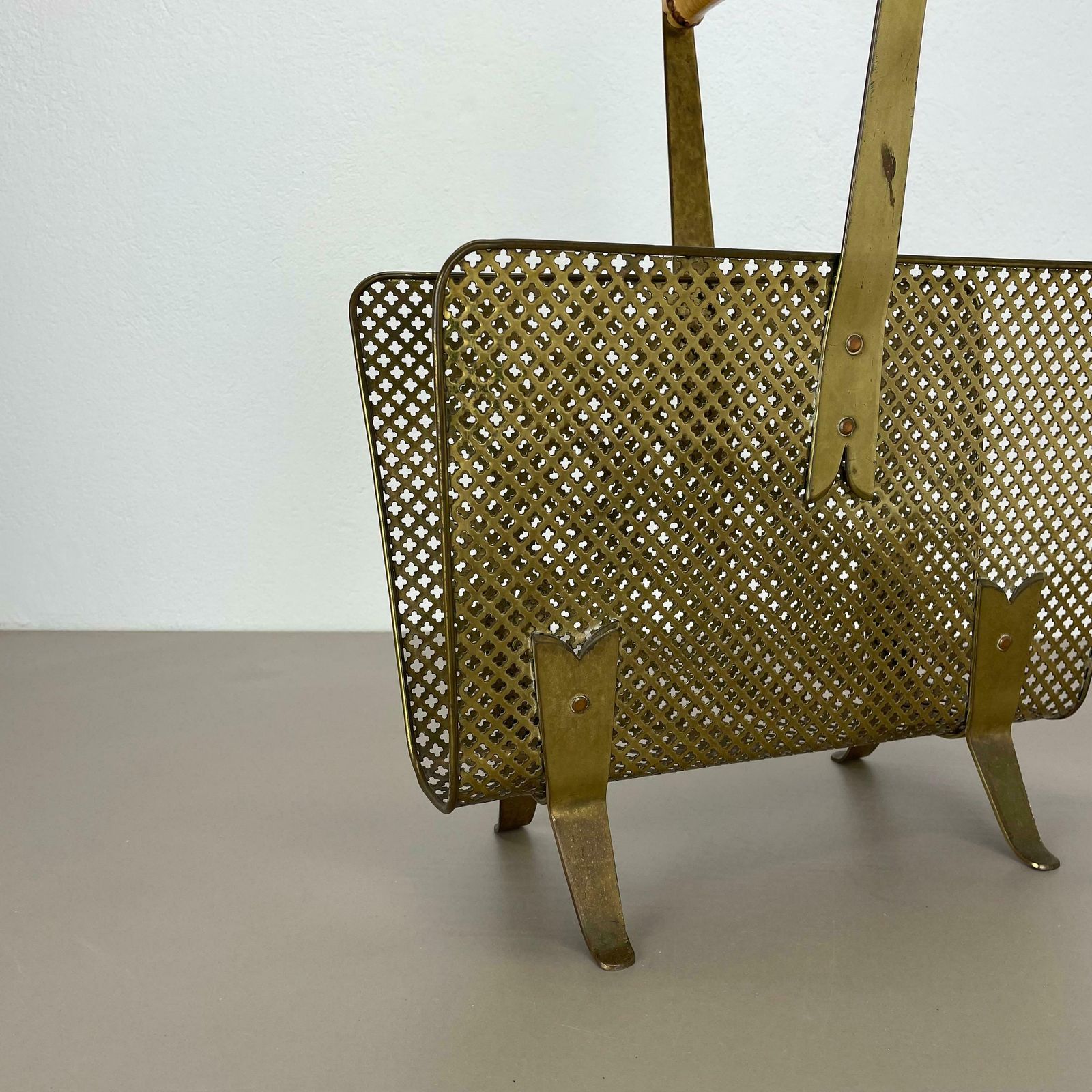 Unique Mategot Aubock Style Brass And Bamboo Magazine Holder, Austria 1950s photo vinterior