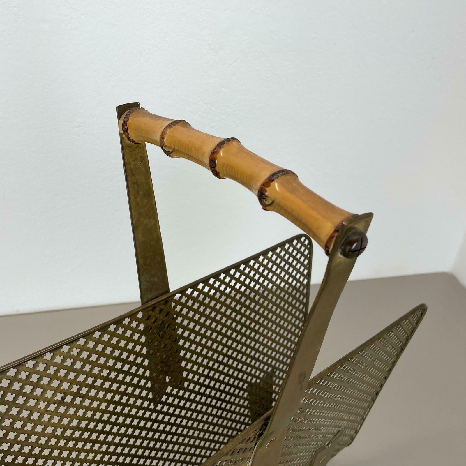 photo furniture Unique Mategot Aubock Style Brass And Bamboo Magazine Holder, Austria 1950s