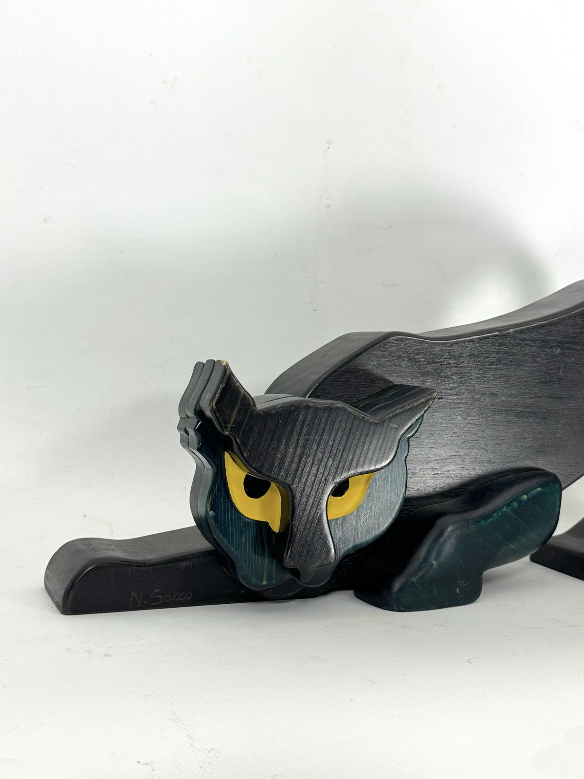 Vintage Italian Black Panther Sculpture In Thick Wood. Italy 1980s photo 780.0
