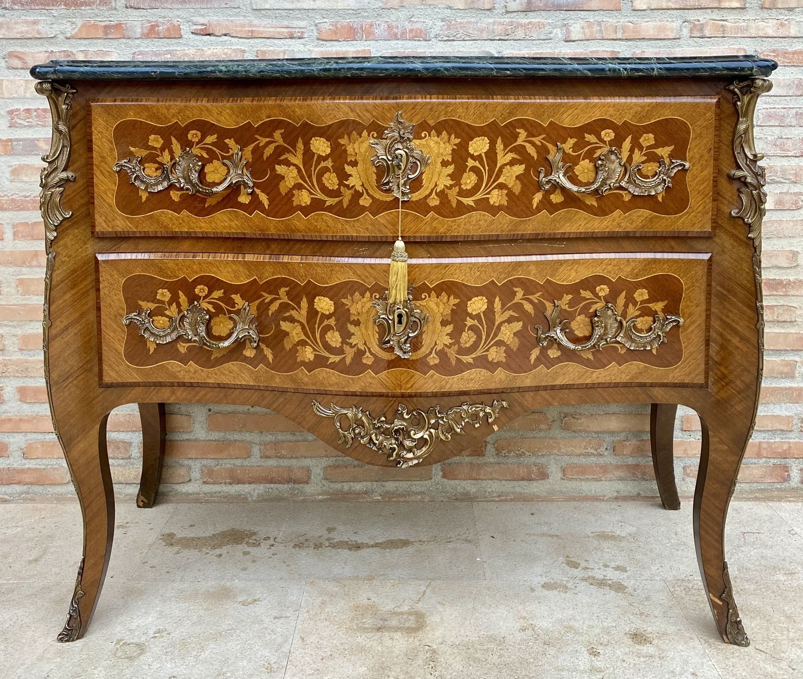 French Louis XV Style Bombé Satinwood Marquetry & Ormolu Mounted Commode