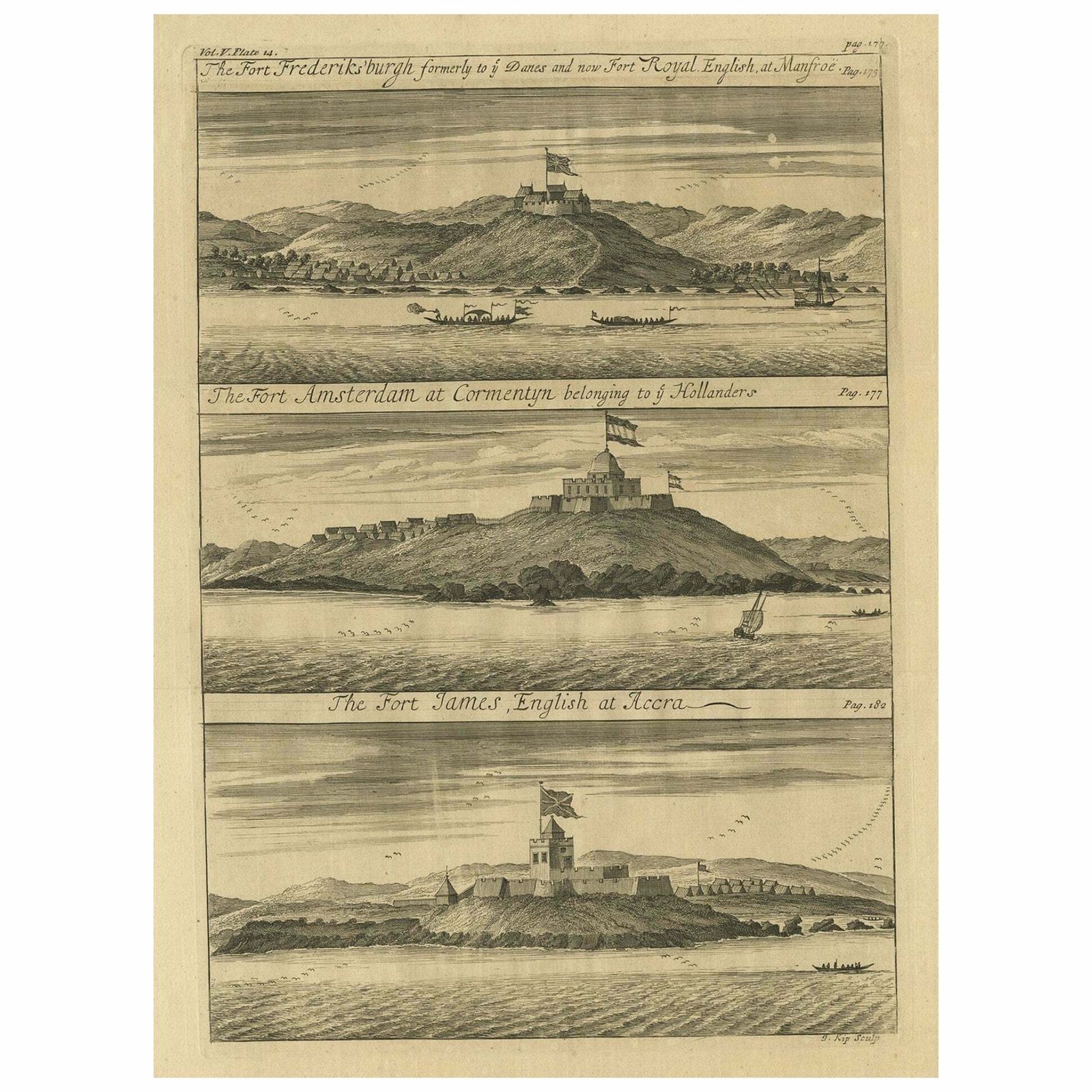Copperplate Engraving Showing Forts On The West African Gold Coast, Ghana, 1744