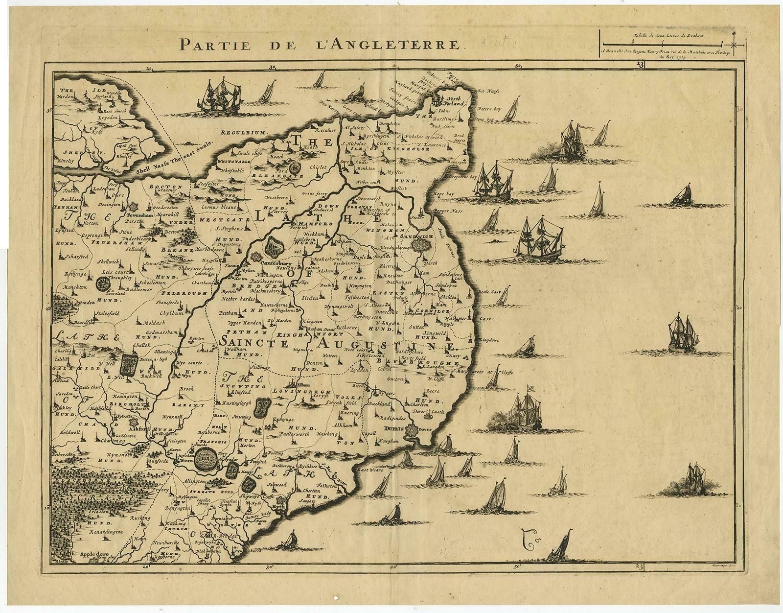 Uncommon Antique Map Of The English Channel Coastline, Ca.1709 photo furniture