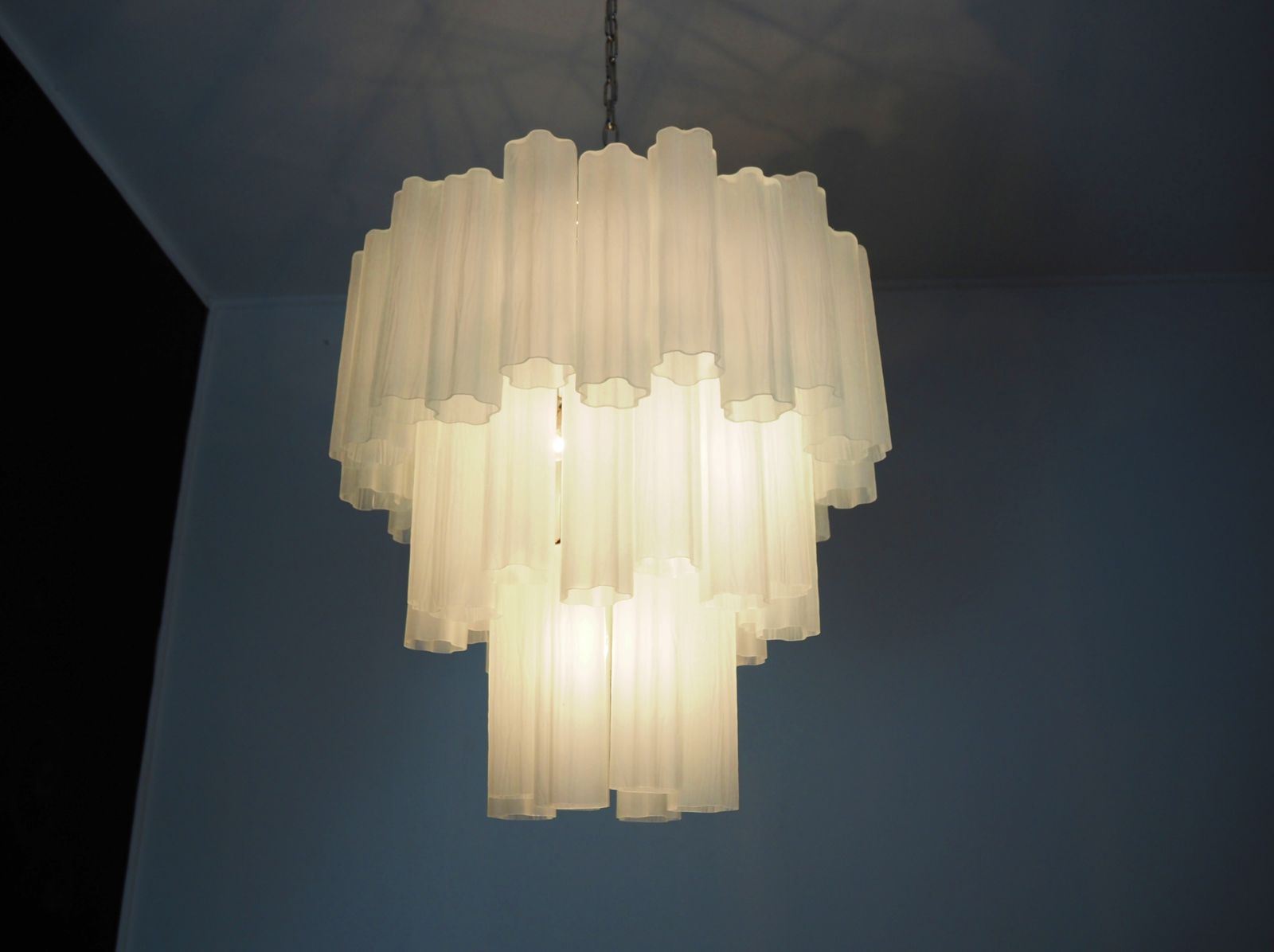 Large Three Tier Venini Murano Glass Tube Chandelier   Etched Glass photo buy
