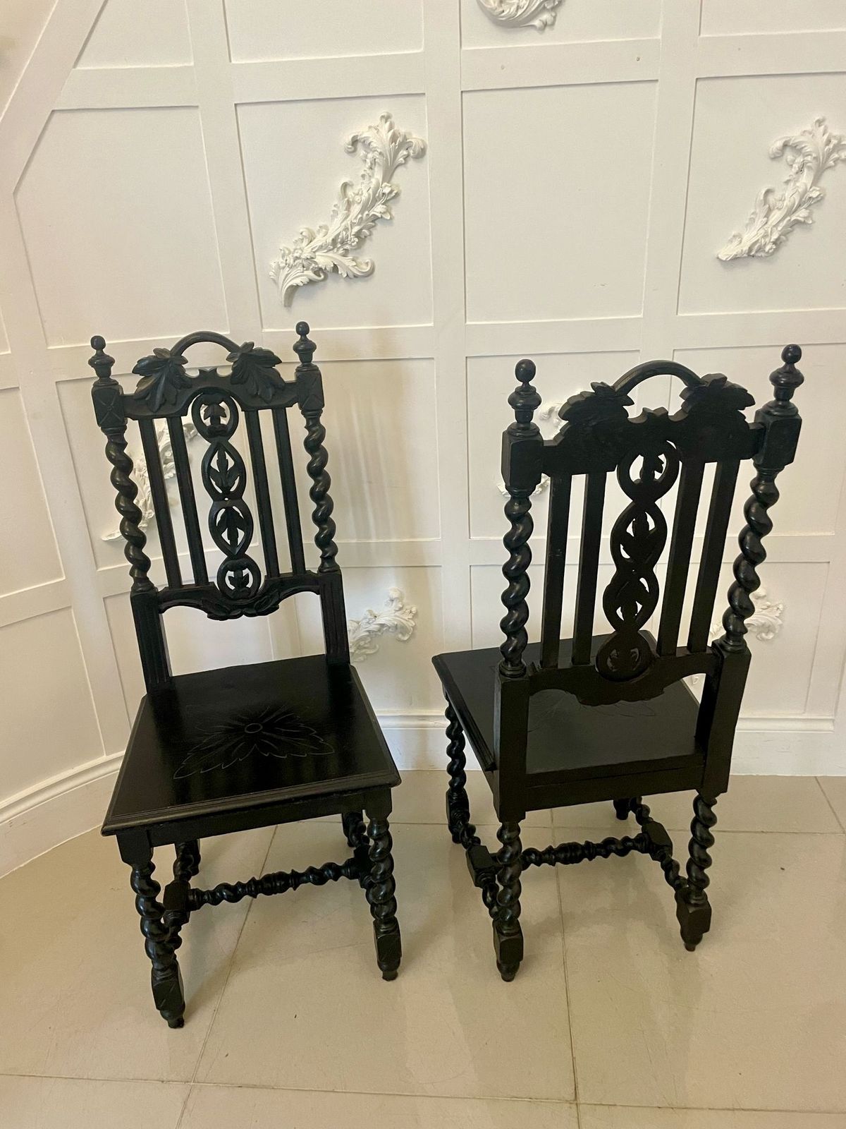 Furniture Pair Of Antique 19th Century Quality Carved Ebonised Oak Side Chairs photo