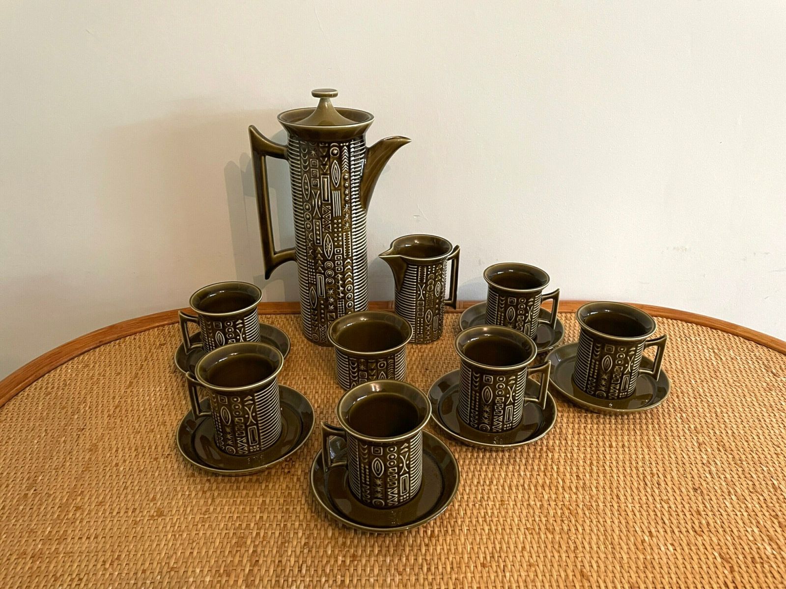 60s Portmeirion Cypher 15pc Tea/Coffee Set, Iconic Mid Century Design By Susan Williams Ellis, Rare Vintage Mcm Tea Set In Retro Olive Green