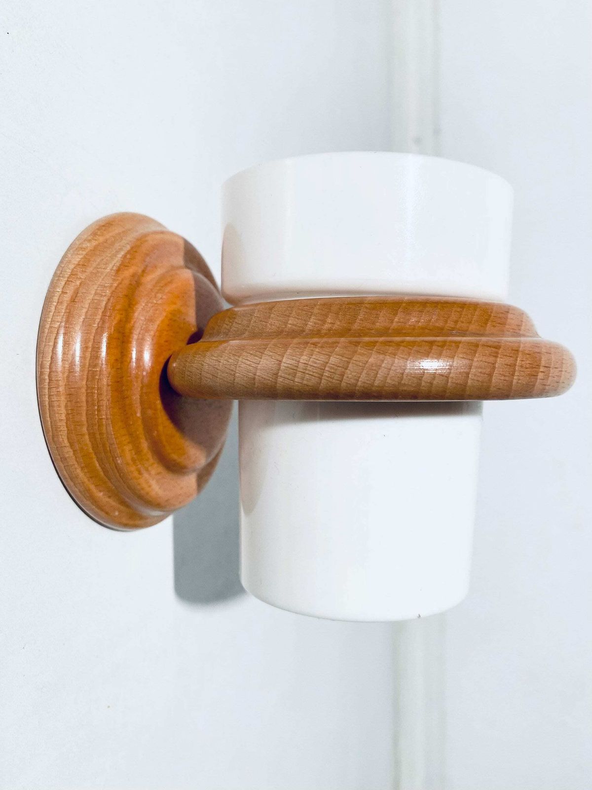 photo furniture Bathroom Soap Holder & Two Cups With Wooden Wall Fixings / 1970s Danish Vintage Decor